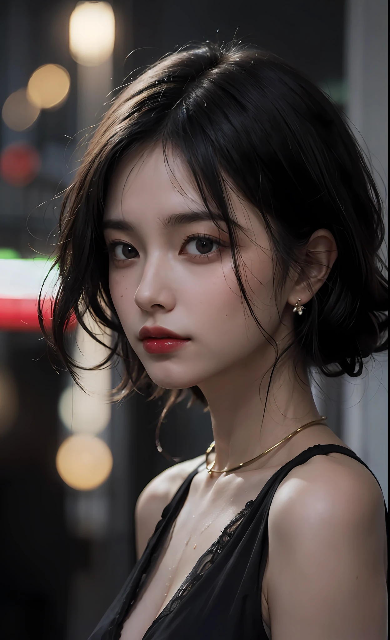 mix4, (8k, RAW photo, best quality, masterpiece: 1.45), (realistic, photorealistic: 1.37), one girl, cute, cityscape, night, rain, wet, professional lighting, photons mapping, radiosity, physically based rendering, gradient black hair, gray hair, short curly hair, handsome, girl, loose black lace(((Deep V-neckline)))slip dress, top quality photo, high res, 1080p, (clear face), (detailed face description), (detailed hand description), (masterpiece), (exquisite CG), extreme light and shadow, disheveled hair, master work, rich details, (fine facial features), (highest quality photo), (masterpiece), (detailed eyes), look in front of you eyes, fine clavicle, ((big breasts, huge areola)),(((areola_slip))),((puffy areolae)),((sideboob)),(underboob),(((collar))),earrings,cleavage,(NSFW:1.2)