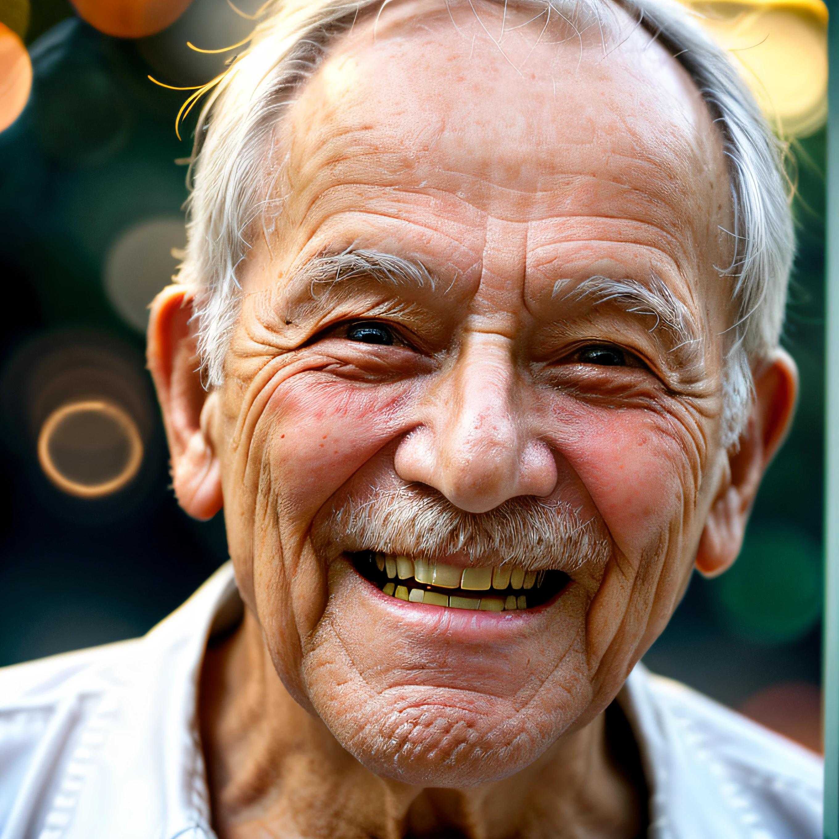 Close-up of faces,1 old man,happy laugh,Delicate face,Smooth skin,Elaborate Eyes, ( bokeh, Out of Focus, Soft Lighting, movie lighting, God Ray, UHD)