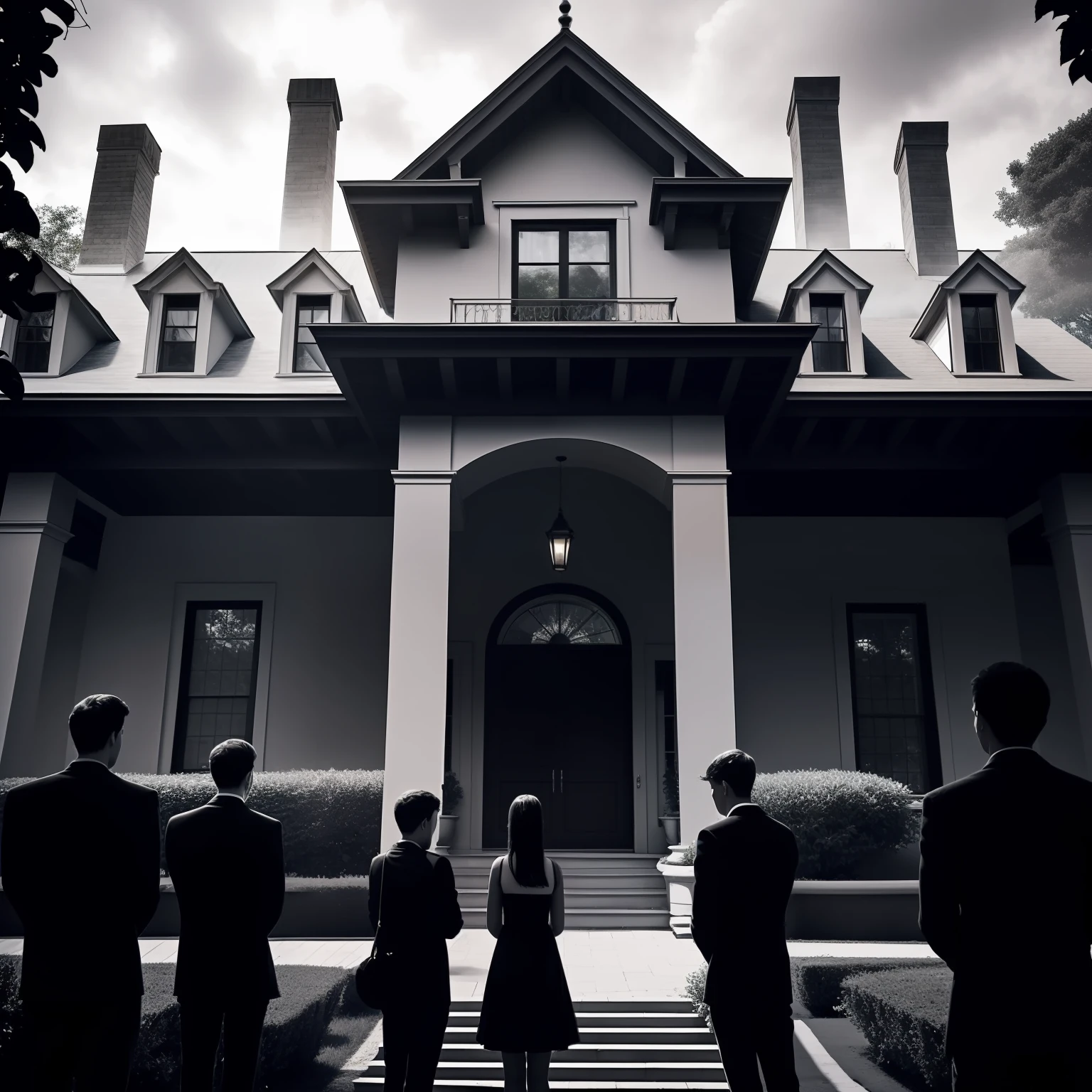 A large mansion on a shaded farm. clouded skies, Small silhouettes of young people watching the mansion from the front.