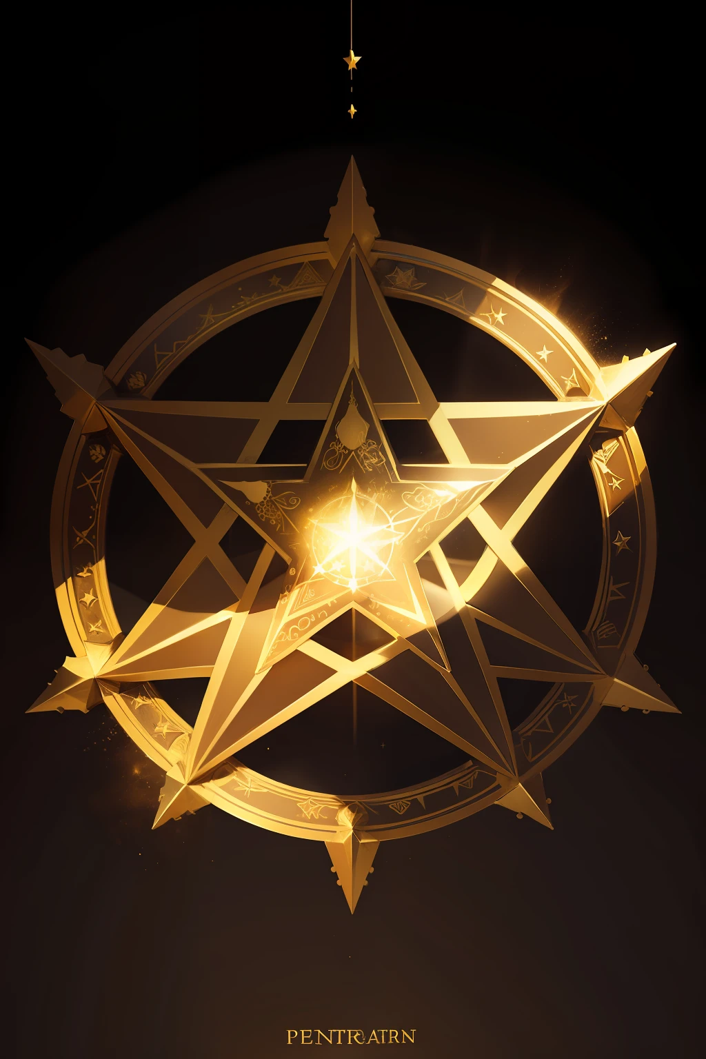 Pentagram, element, water, earth, fire, air and spirit, with a blurred, illuminated background, golden color, star with points with small crowns.