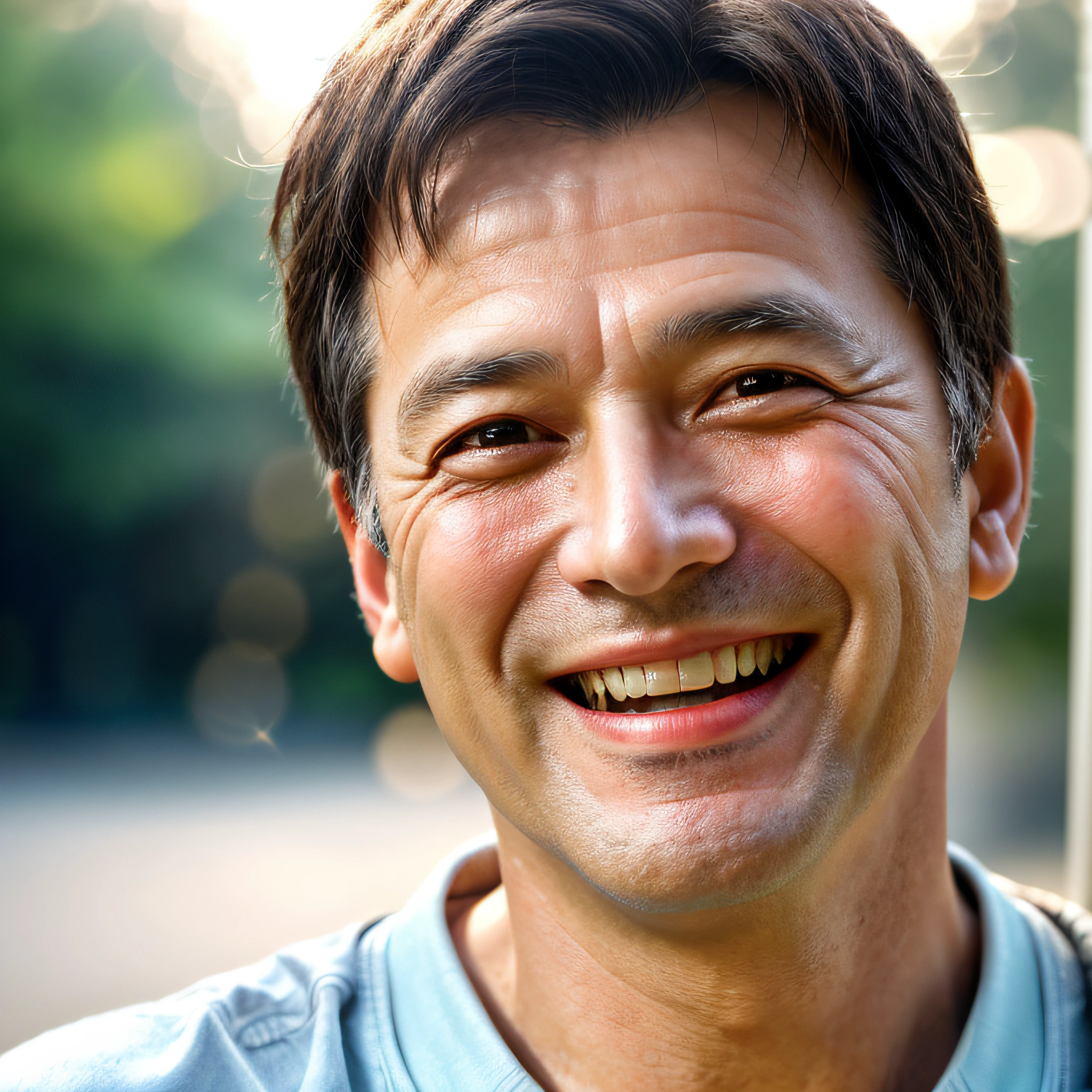Close-up of faces,1 Middle aged man,happy laugh,Delicate face,Smooth skin,Elaborate Eyes, ( bokeh, Out of Focus, Soft Lighting, movie lighting, God Ray, UHD)