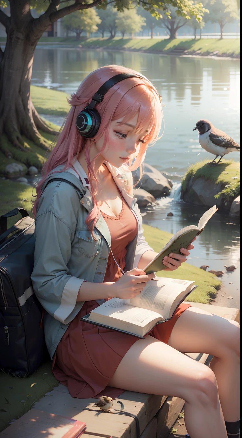 "Anime reading while listening to music under a tree near the river with birds."