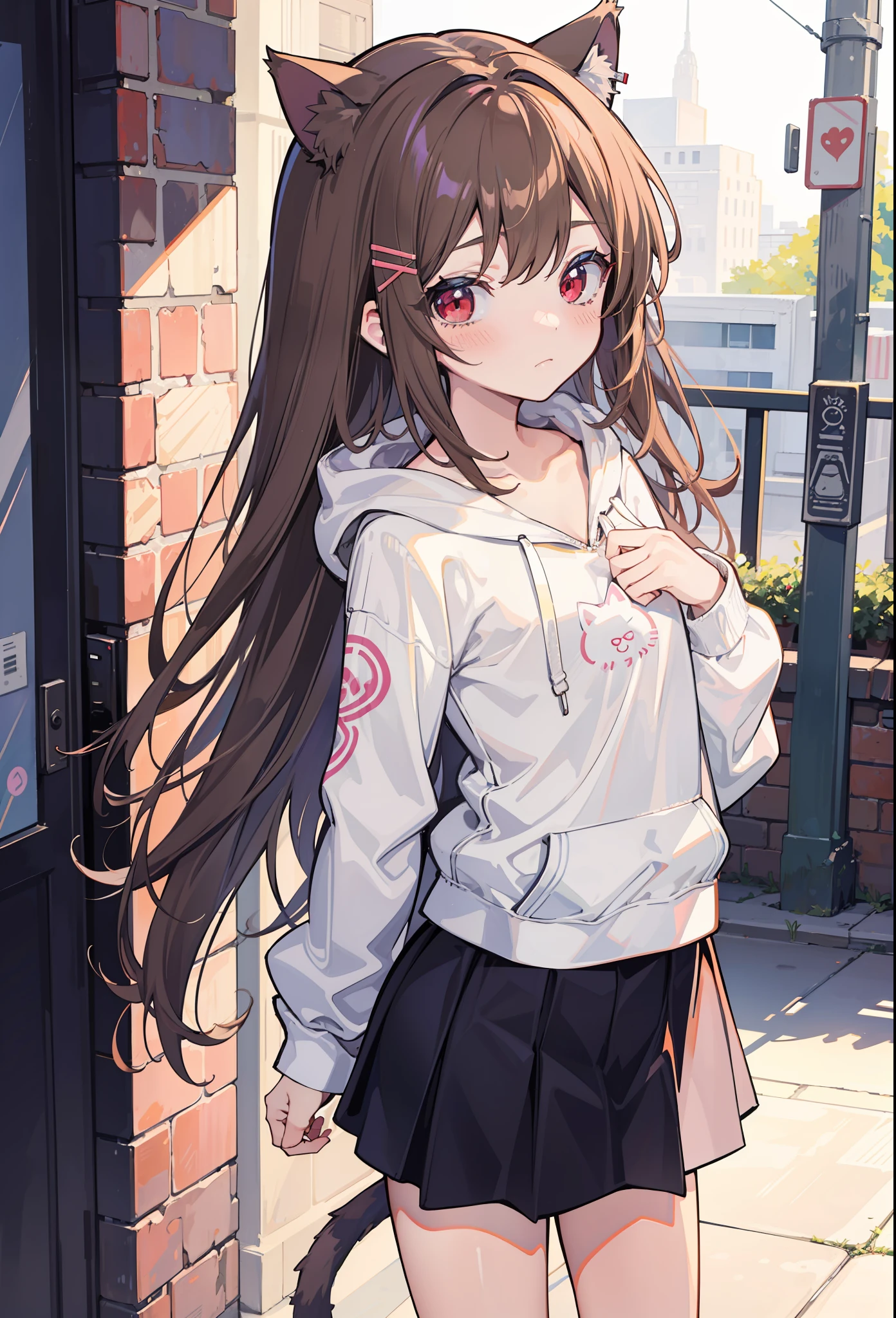 Long hair, Light brown hair, hair pin,1girll, Cat girl, Flat chest, Red eyes,s girl,Blush, Hoodie,A high resolution,is shy,Morning