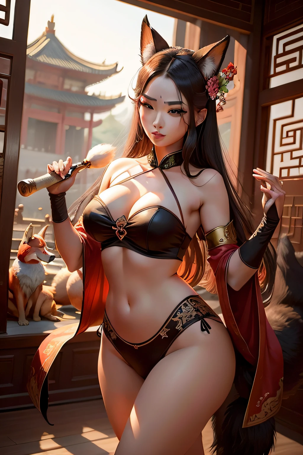 Beautiful seductive Daji dancing in ancient Chinese palaces with good figure with a fox in the background passing between the necks of several men and stabbing men to death High-quality poster