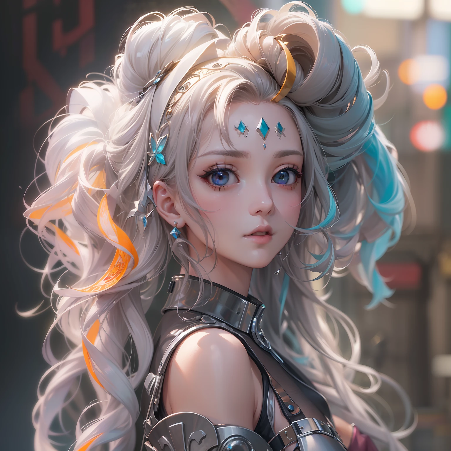 (((masterpiece)))、(((top-quality)))、((ultra-definition))、(High Definition CG Illustration)、((extremely delicate and beautiful))、Cinematic Light、独奏、full body Esbian、cyberpunked、2040s、animesque、dreamy cyberpunk girl、rainbow hair、in renaissance style、Marie Antoinette style、trending on artstationh、Rachel Walker、