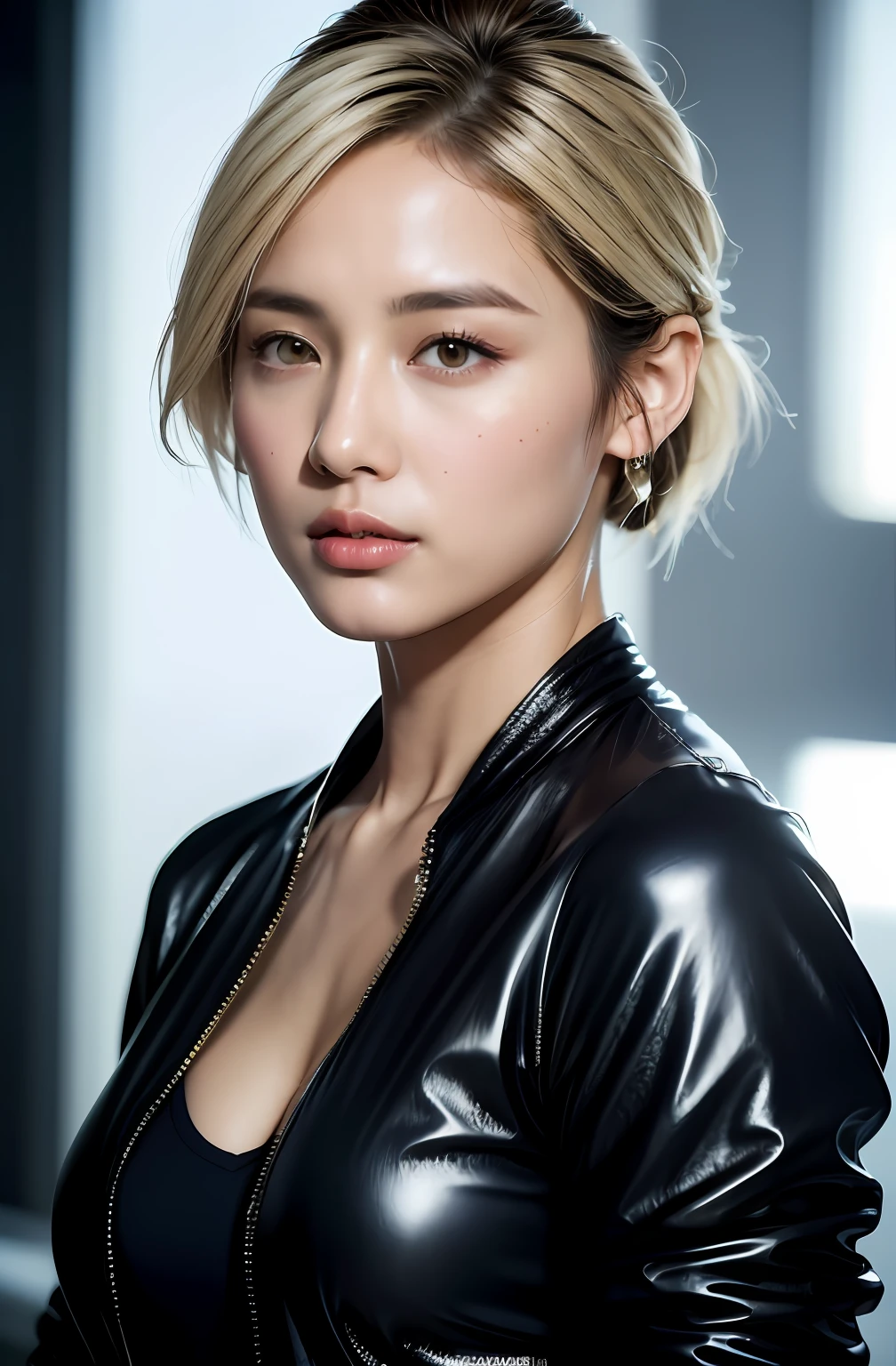 (photorealistic:1.8), close up portrait of a woman, Ash blonde hair, A-line haircut, Bomber Jacket, extremely detailed clothes, as a fashion model, on the city street, random people, model shot as for Instagram post