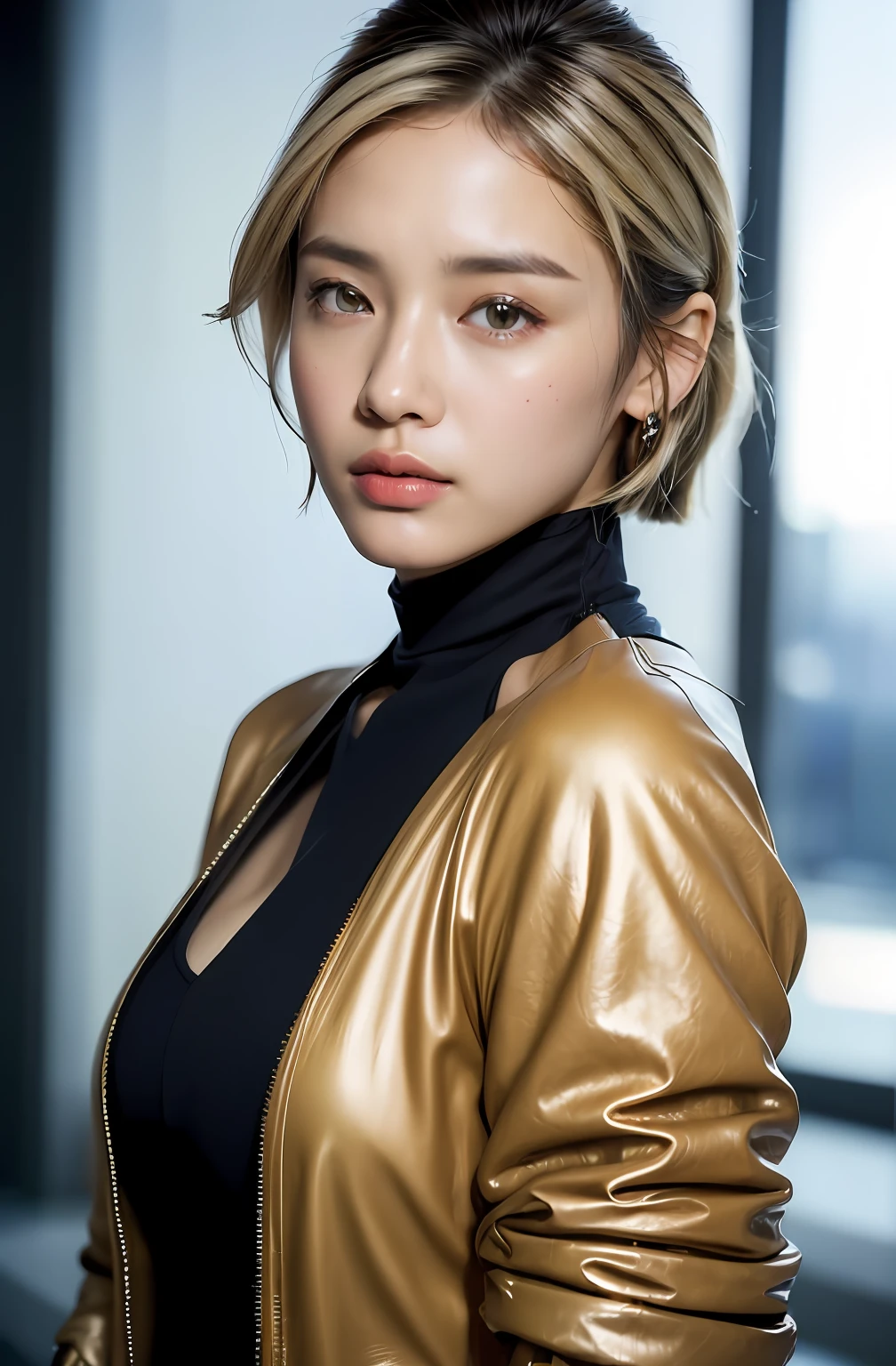 (photorealistic:1.8), close up portrait of a woman, Ash blonde hair, A-line haircut, Bomber Jacket, extremely detailed clothes, as a fashion model, on the city street, random people, model shot as for Instagram post