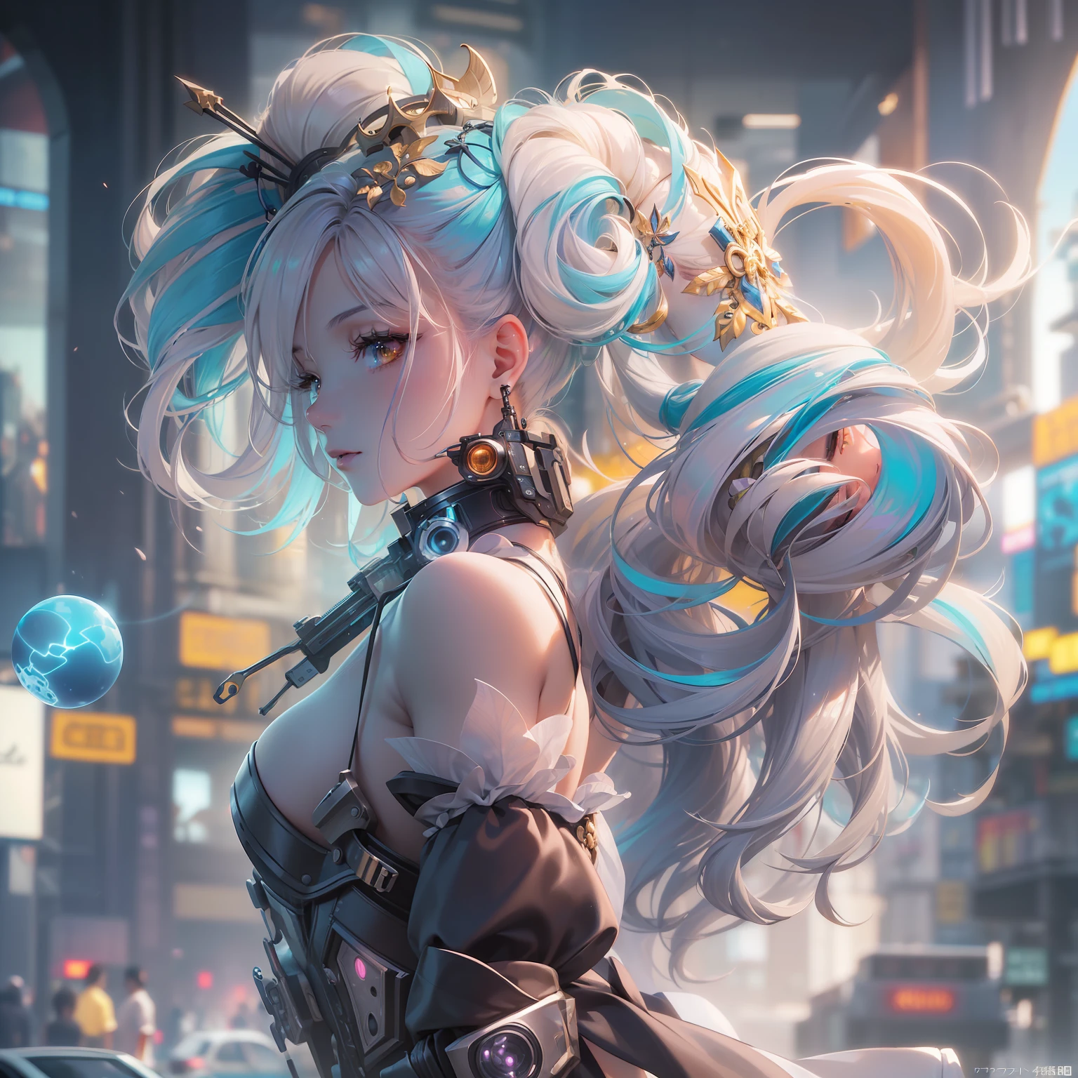 (((masterpiece)))、(((top-quality)))、((ultra-definition))、(High Definition CG Illustration)、((extremely delicate and beautiful))、Cinematic Light、独奏、full body Esbian、cyberpunked、2040s、animesque、dreamy cyberpunk girl、rainbow hair、in renaissance style、Marie Antoinette style、trending on artstationh、Rachel Walker、