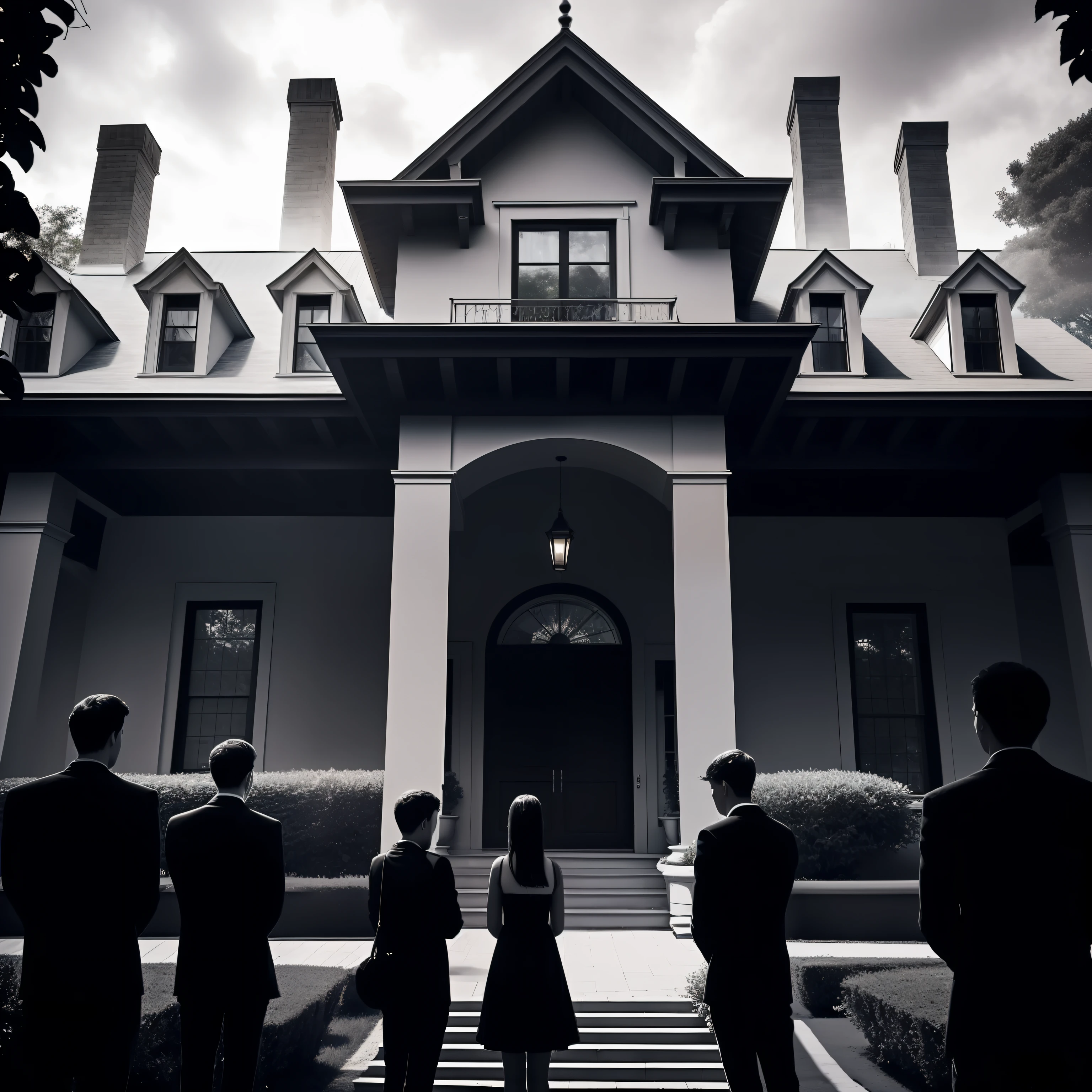 A large mansion on a shaded farm. clouded skies, Small silhouettes of young people watching the mansion from the front.