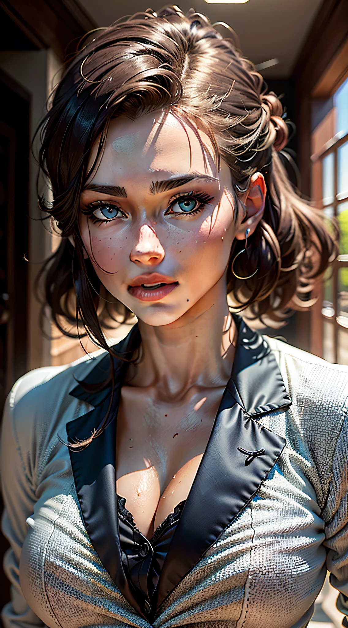 Mulher russa de 23 anos, usando camisa branca e blazer azul, pele branca, cabelo marrom, olhos azuis, Realistic image, imagem perfeita, rosto perfeito, cinematic lighthing, pele perfeita