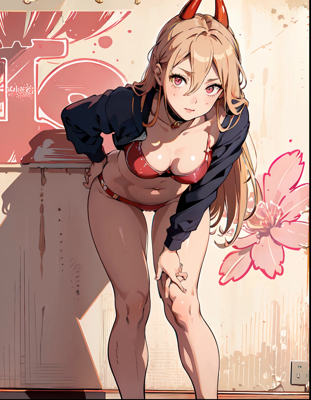 (masterpiece, best quality), power, red horns, beautiful girl, standing, leaning forward, bent over, winking, (detailed beautiful eyes) underwear, full body shot, long blonde hair, pink eyes, visible bellybutton