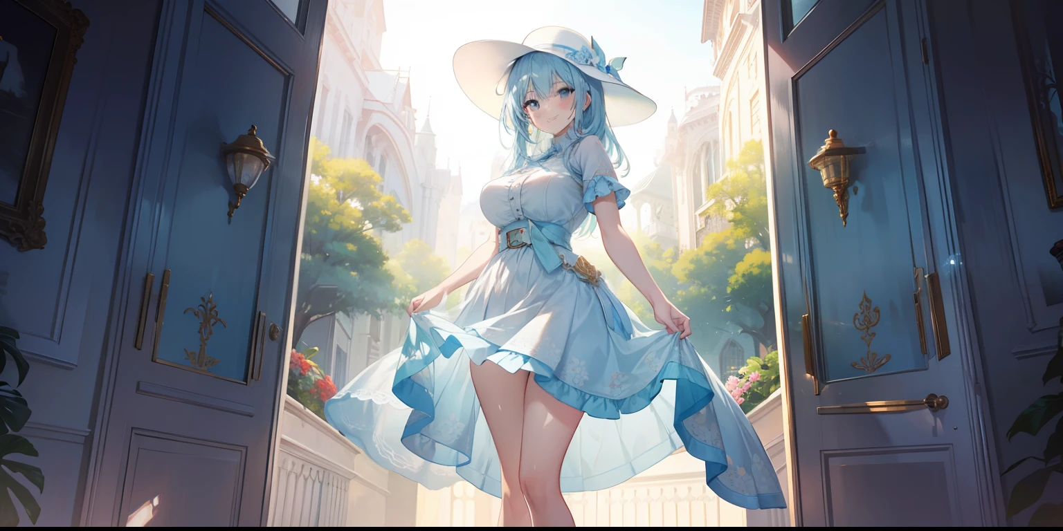 hands back, sexy pose, horny smile, light blue short-sleeved shirt, woman, big breasts, white dress, light blue belt, small floral print, light blue pointed high heels, white tights, white wide-brimmed sun hat , best quality, masterpiece, illustration, extremely delicate and beautiful, extremely detailed, amazing, finely detailed, masterpiece, best quality, official art, high resolution, extremely detailed, beautiful detailed woman, thick legs, big thigh, beautiful detailed eyes, light on face, background scenery, beautiful day, lighting, interior