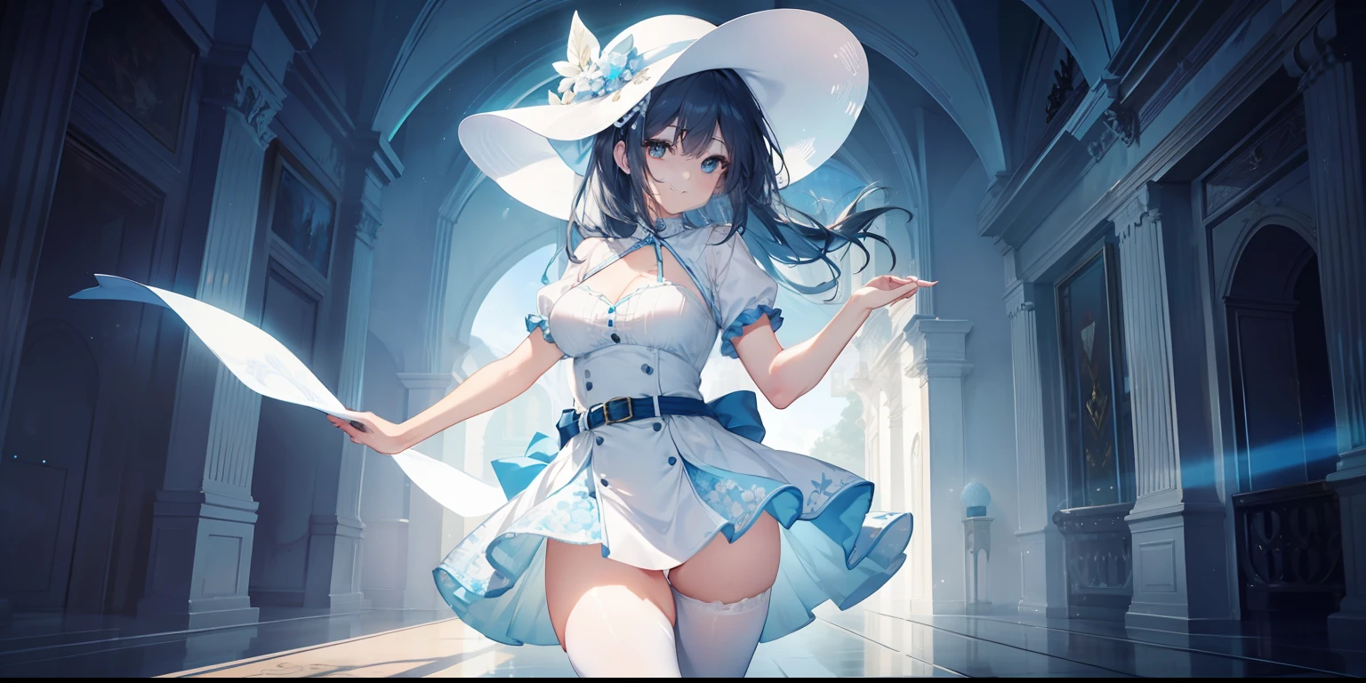 hands back, sexy pose, horny smile, light blue short-sleeved shirt, woman, big breasts, white dress, light blue belt, small floral print, light blue pointed high heels, white tights, white wide-brimmed sun hat , best quality, masterpiece, illustration, extremely delicate and beautiful, extremely detailed, amazing, finely detailed, masterpiece, best quality, official art, high resolution, extremely detailed, beautiful detailed woman, thick legs, big thigh, beautiful detailed eyes, light on face, background scenery, beautiful day, lighting, interior