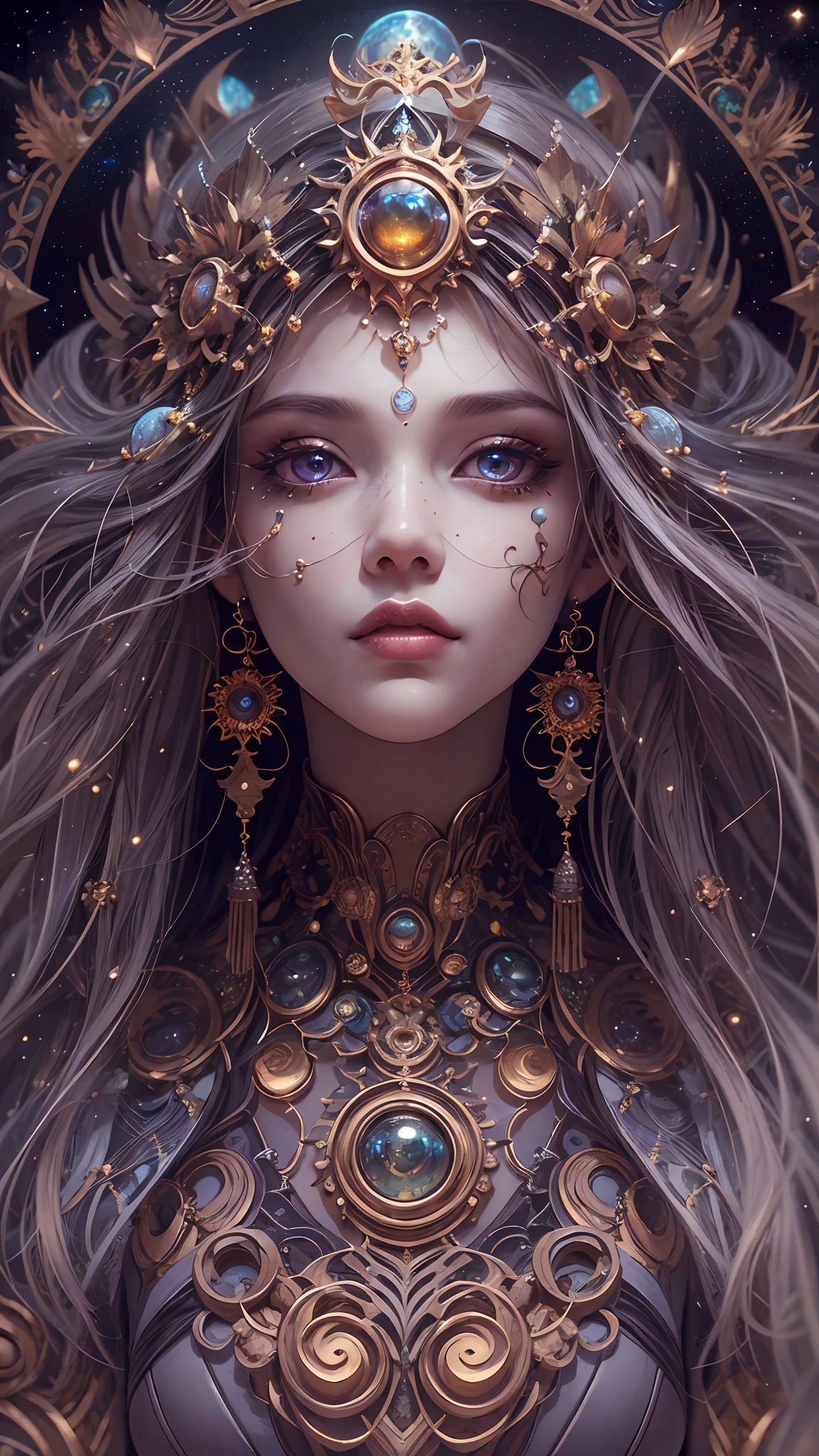 （best qualtiy，ultra - detailed，Most Best Illustration，Best shadow，tmasterpiece，A high resolution，professionalartwork，famousartwork），Detailed eyes，beautidful eyes，closeup cleavage，sci-fy，colored sclera，Robot eyes，face markings，Tattooed with，（fractalized，Fractal eyes），largeeyes，Wide eyes，（Eye focus），sface focus，Cosmic eyes，Space eyes，Close-up of metal sculpture of a woman with a moon in her hair，goddes。extremly high detail，3 d goddess portrait，Extremely detailed footage of the goddess，a stunning portrait of a goddess，Side image of the goddess，portrait of a beautiful goddess，Full body close-up portrait of the goddess，hecate goddess，portrait of a norse moon goddess，goddess of space and time