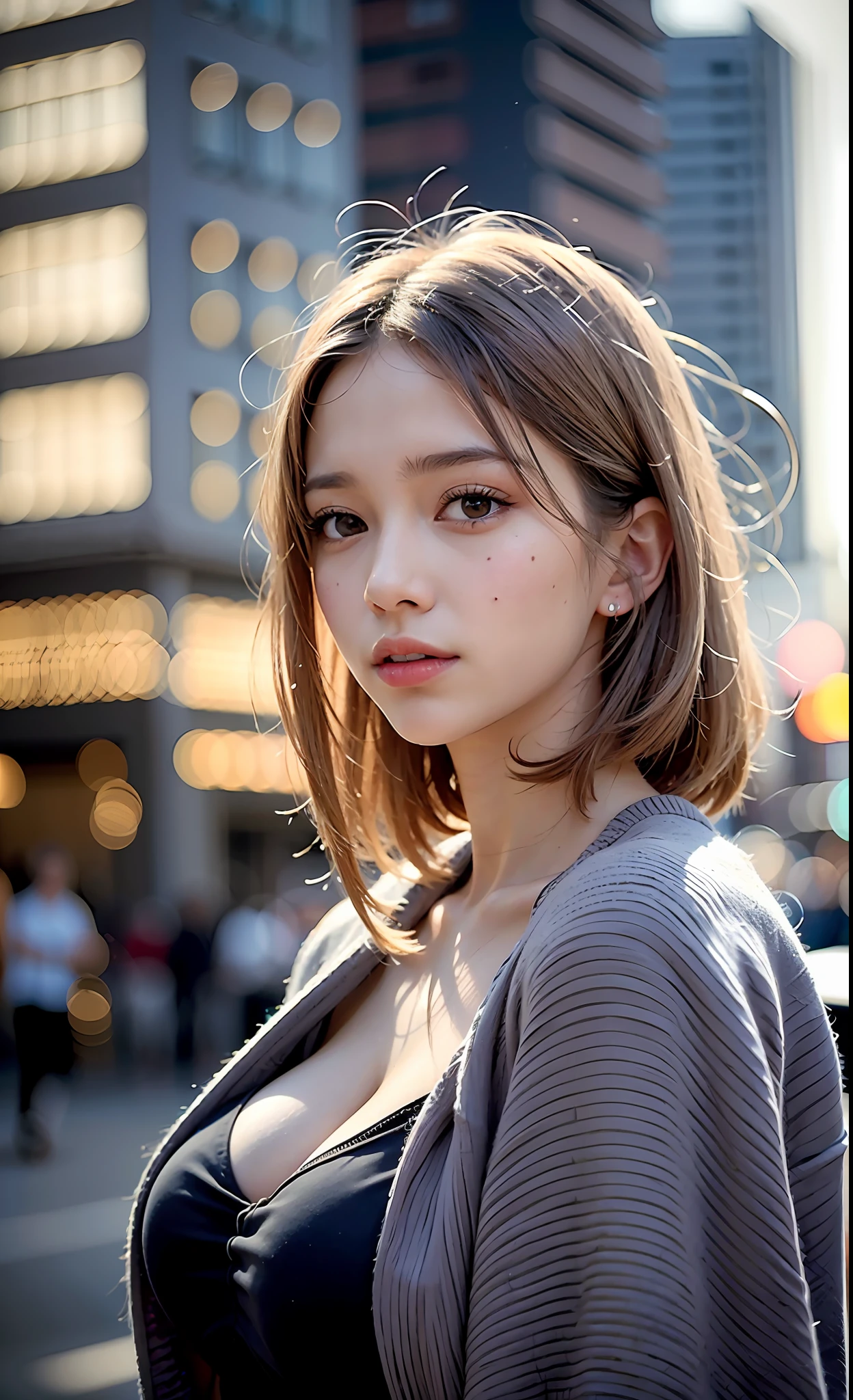 mix4, (8K, Raw photography, Top image quality, ​masterpiece: 1.45), (realisitic, Photorealsitic: 1.37), one girls, cute little, A city scape,Daytime,profetional lighting, photon maping, Radio City, physically-based renderingt, Gradient gray hair, Lustrous hair,  girl with, Casual clothing,Cute clothes, top quality photo, hight resolution, 1080p, (clearface), (Detailed face description), (Detailed hand description), (​masterpiece), (Exquisite CG), extreme light and shadows, dishevled hair, ​masterpiece, lush detail, (Fine facial features), (top quality photo), (​masterpiece), (A detailed eye), Look in front of you, Fine clavicle, large full breasts,((sideboob barbosa)),(underboob),,piercings,cleavage of the breast,