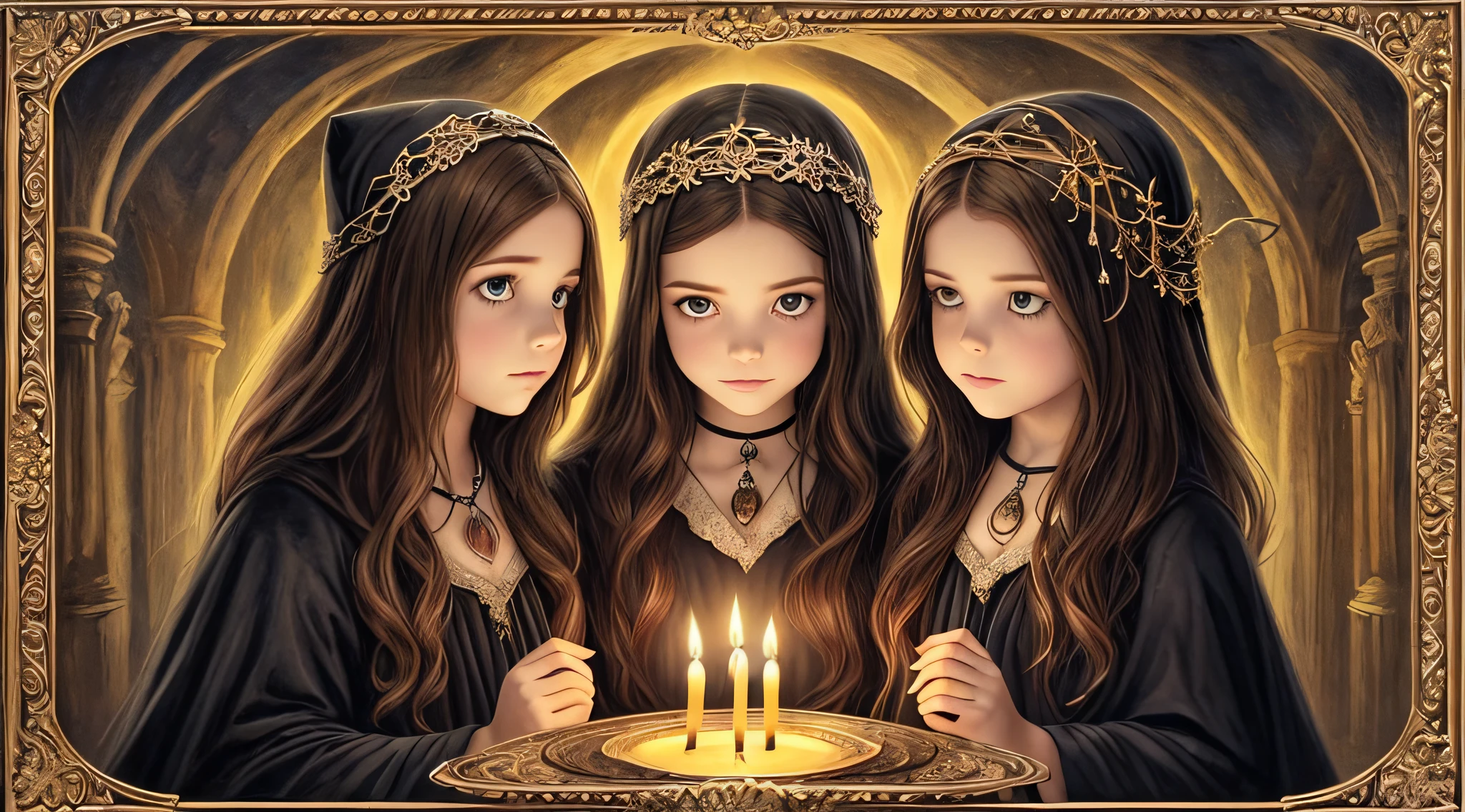 Three girls in Gothic costumes are holding candles and praying, black magic spells, scary horrifying satanic rituals, spell casting, spell casting wizard, Wicca, Bruxas, com poderes de magia negra, !5 three eyed goddesses, em vestes roxas escuras, 3 sisters look into the mirror, Kramskoi 4 mil, holy flame spell, Wiccano, with magical powers