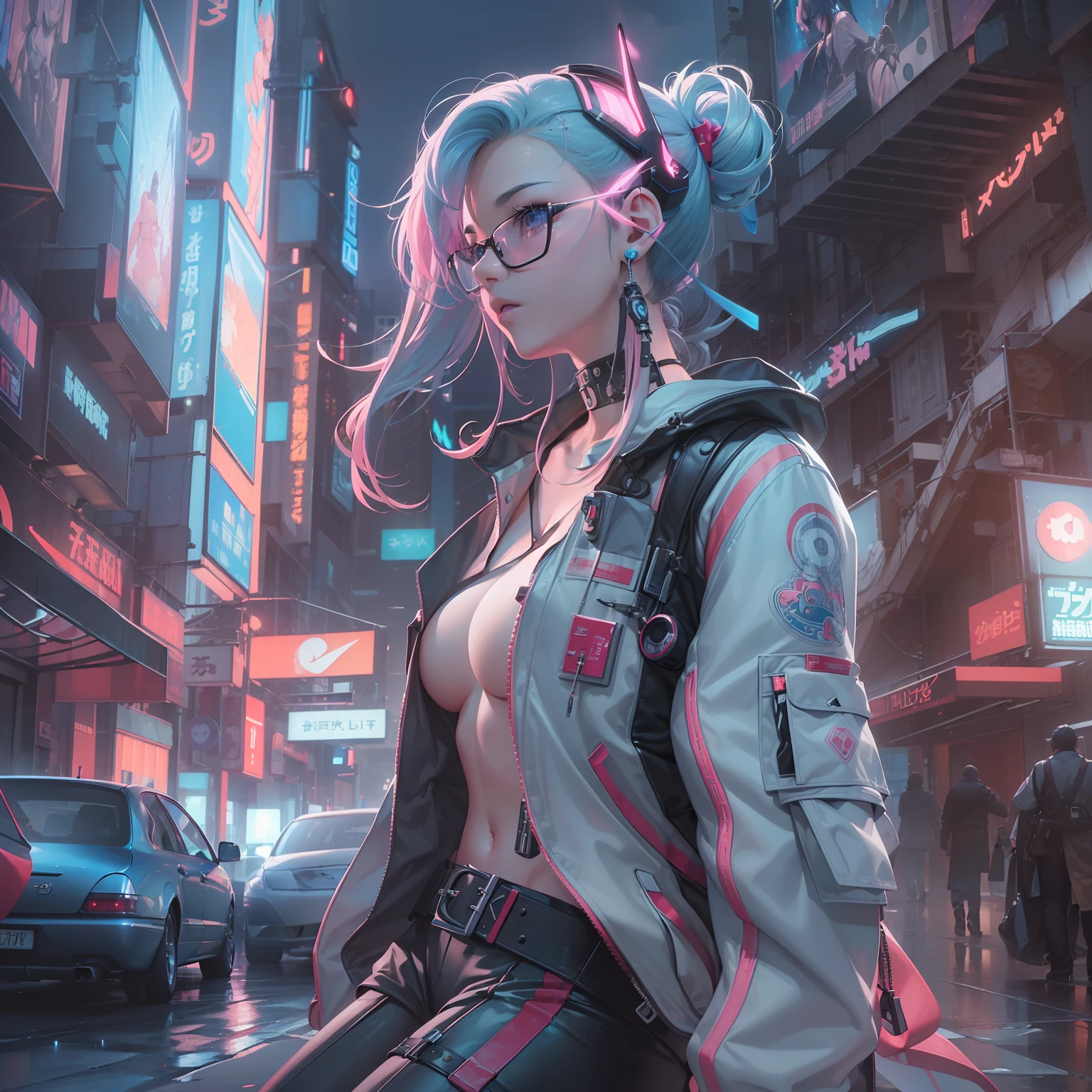 (((​masterpiece)))、(((top-quality)))、((ultra-definition))、(High Definition CG Illustration)、((extremely delicate and beautiful))、City of the Future、Cinematic Light、独奏、full body Esbian、cyberpunked、2040s、animesque、dreamy cyberpunk girl、rainbow hair、Christian Dior style、trending on artstationh、Rachel Walker、