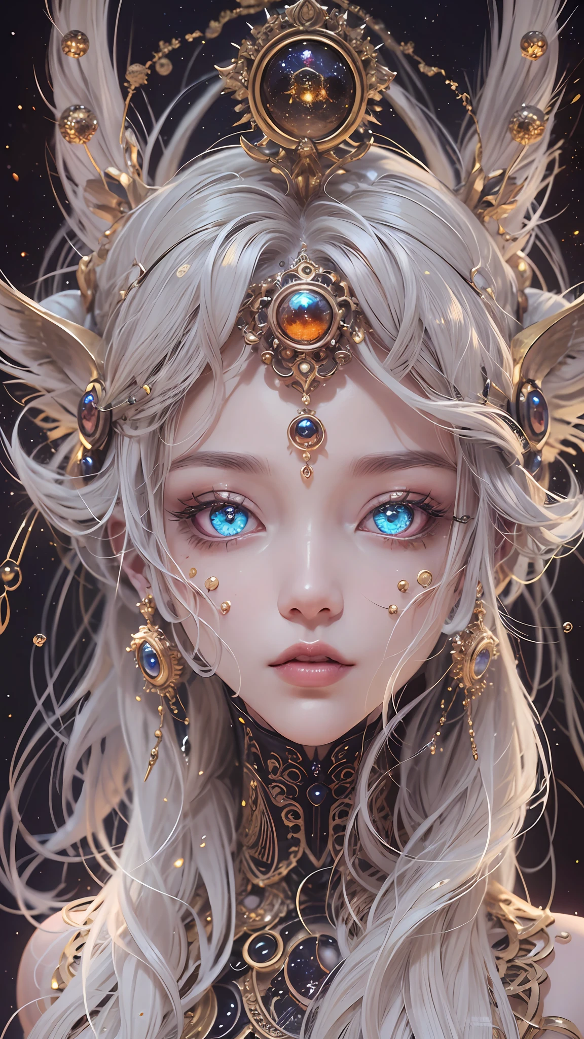 （best qualtiy，ultra - detailed，Most Best Illustration，Best shadow，tmasterpiece，A high resolution，professionalartwork，famousartwork），Detailed eyes，beautidful eyes，closeup cleavage，sci-fy，colored sclera，Robot eyes，face markings，Tattooed with，（fractalized，Fractal eyes），largeeyes，Wide eyes，（Eye focus），sface focus，Cosmic eyes，Space eyes，Close-up of metal sculpture of a woman with a moon in her hair，goddes。extremly high detail，3 d goddess portrait，Extremely detailed footage of the goddess，a stunning portrait of a goddess，Side image of the goddess，portrait of a beautiful goddess，Full body close-up portrait of the goddess，hecate goddess，portrait of a norse moon goddess，goddess of space and time