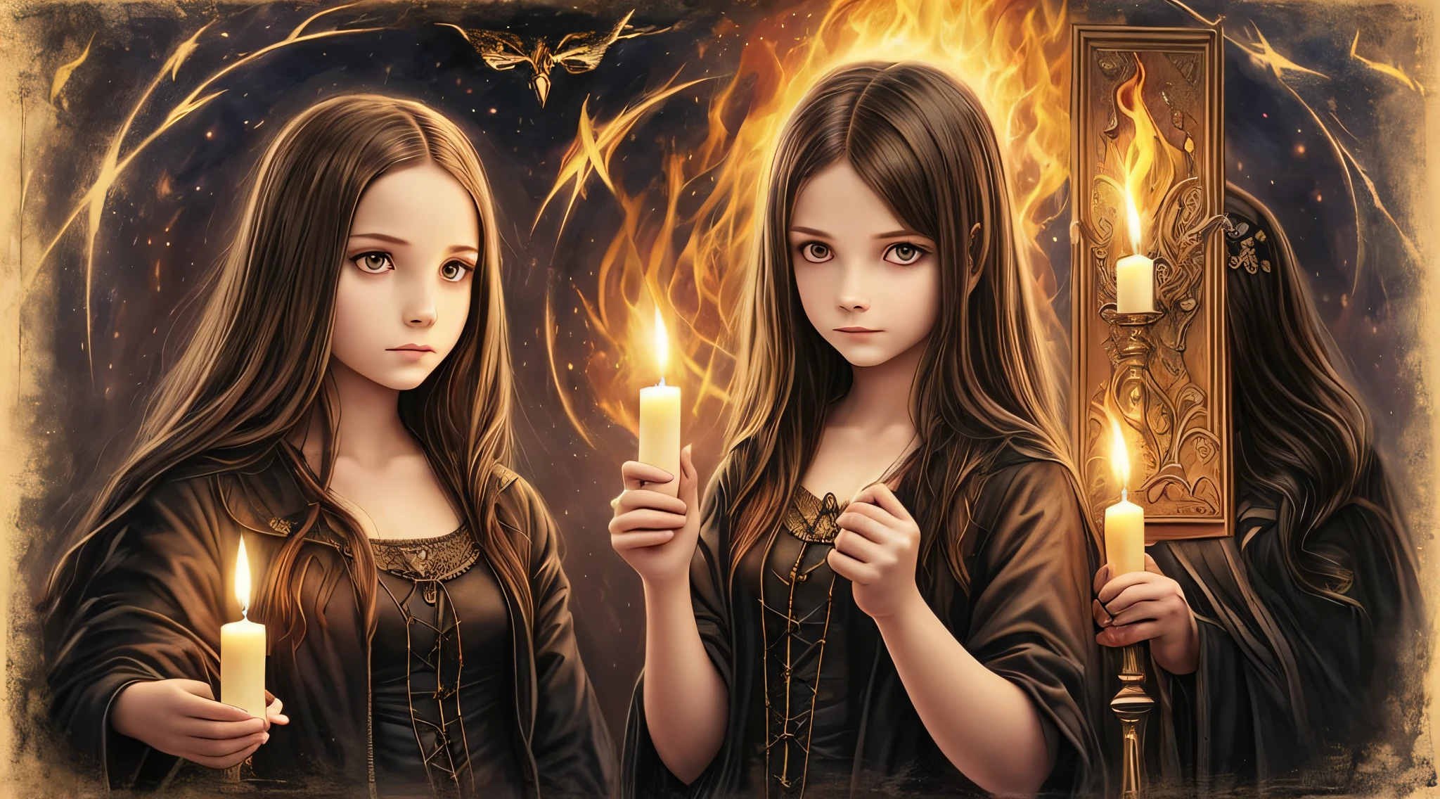 Three girls in Gothic costumes are holding candles and praying, black magic spells, scary horrifying satanic rituals, spell casting, spell casting wizard, Wicca, Bruxas, com poderes de magia negra, !5 three eyed goddesses, em vestes roxas escuras, 3 sisters look into the mirror, Kramskoi 4 mil, holy flame spell, Wiccano, little girl with magical powers