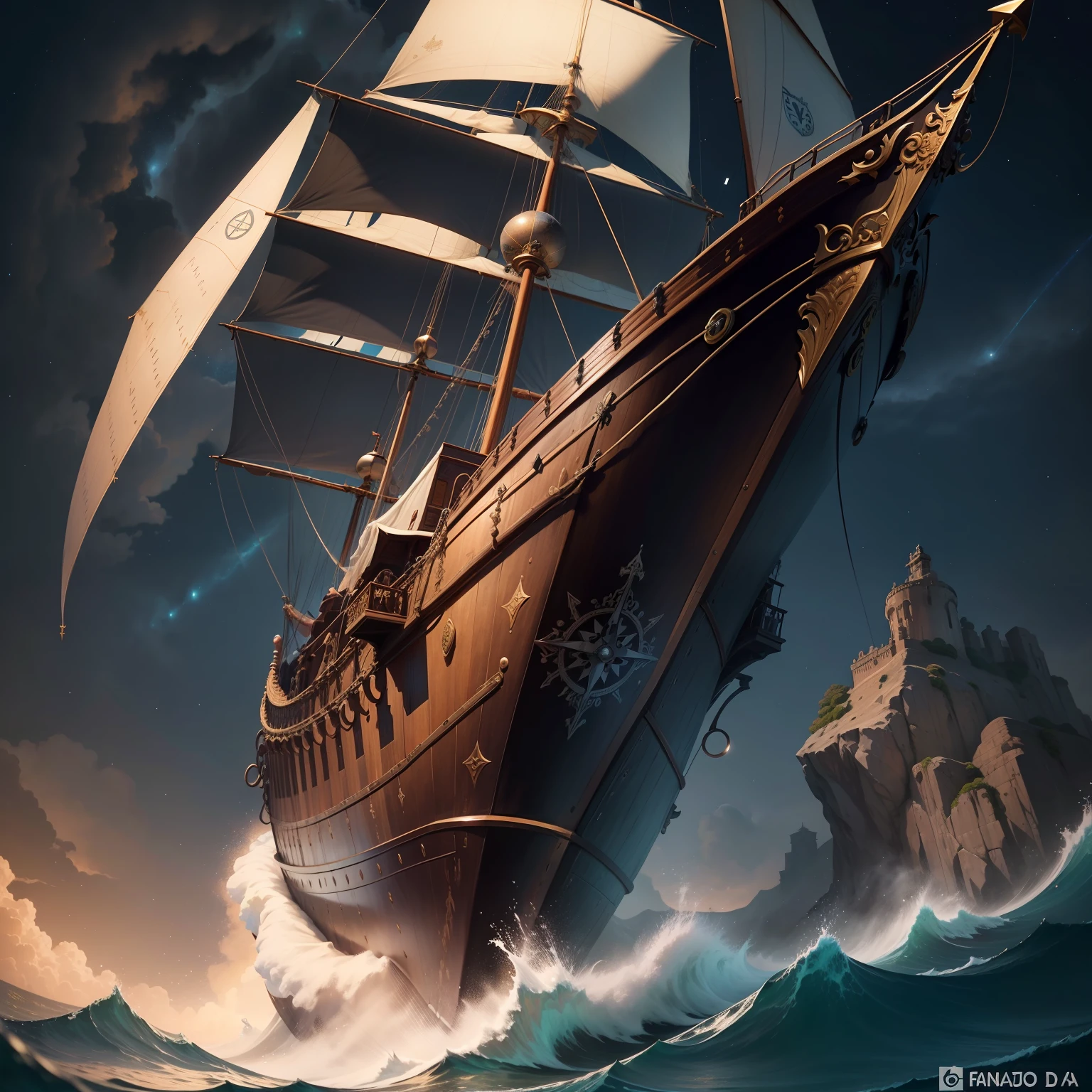 "Create realistic images of the Vasco da Gama browser with incredible quality, stunning details and realistic lighting. Highlight your striking appearance, with his period costume, cartola preta e barba bem cuidada. Add maritime elements, como o oceano azul turquesa ao fundo e um navio navegando ao longe. Sena de aventura, com ondas agitadas, Starry sky and an ancient compass. Convey the sense of exploration and bravery that surrounded Vasco da Gama's travels. Feel free to add any detail that enriches the visual composition. Surprise us with your artistic talent!"