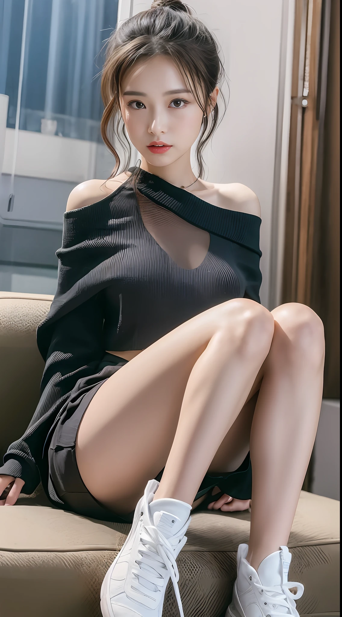 ((Best picture quality, 8K, tmasterpiece:1.3)), 1girll, Casual hairstyle, (off-shoulder blouse,Short pleated skirt:1.3),(wet see through clothes:1.4),Ultra-fine face, A detailed eye, 二重まぶた,(long leges:1.4),(athletic sneakers:1.3),Sit on your side on the sofa