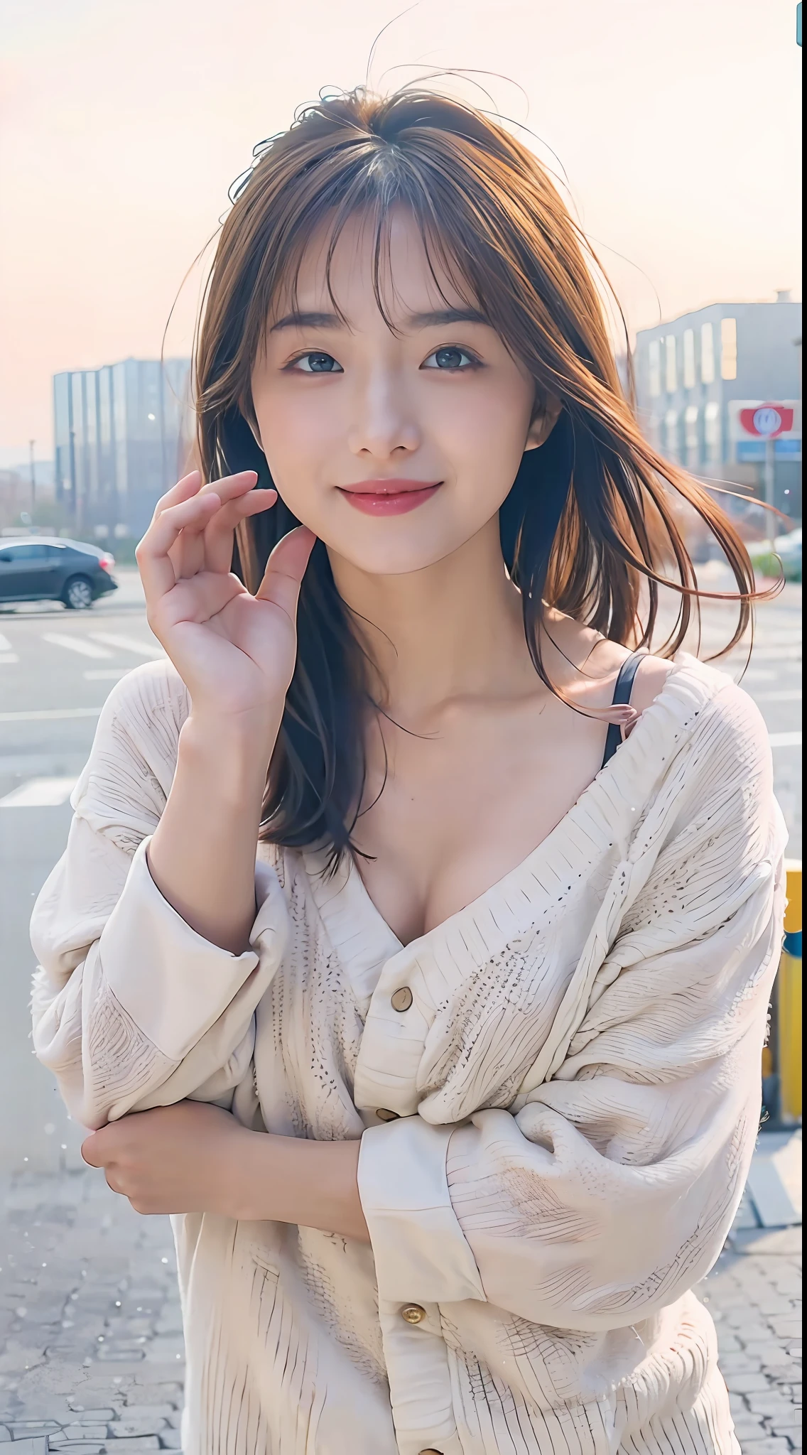 Super smile， randome pose， mix4， （8K， RAW photos， top-quality， tmasterpiece： 1.2）， （realisticlying， realisticlying： 1.37）， 1 rapariga， adolable， view over city， the night， Sateen， dampness， profesional lighting， photon maping， Radio City， physically-based renderingt， gradient brunette hair， short and wavy hair， handsome， teens girl， White ball set， Excellent image quality（k hd）， 1080p， （Clear face）， （Detailed facial description）， （Detailed hand description）， （tmasterpiece）， （Delicate CG）， extreme light and shadows，messy  hair，tmasterpiece，rich details​，（exquisitefacialfeatures），（best images quality），（tmasterpiece），（The attention to detail），look in the eyes，Delicate collarbones，huge tit，low chest，Bigchest，the breasts are large