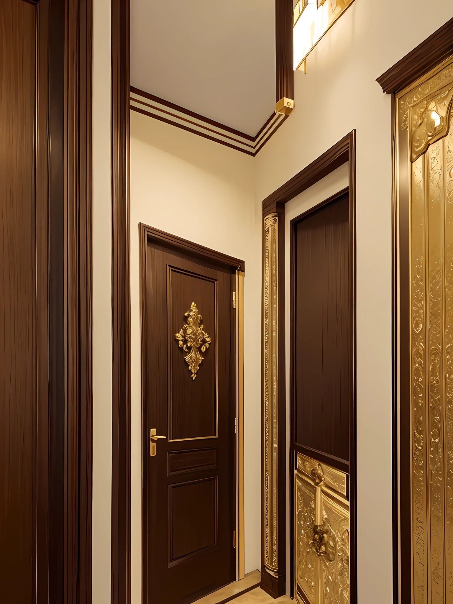 um close up de uma parede preta com uma moldura dourada, paredes de madeira, brass panels, cinematic accent lighting, marron e dourado cor rica, Sconces, Cores marron e Dourado, Quarto vazio com paredes marron, Smooth panels, fundo do quarto pessoal, paredes pretas, ouro e materiais de luxo, elegante e ornamentado, paneled walls, dramatic entry, detalhes em madeira e ouro