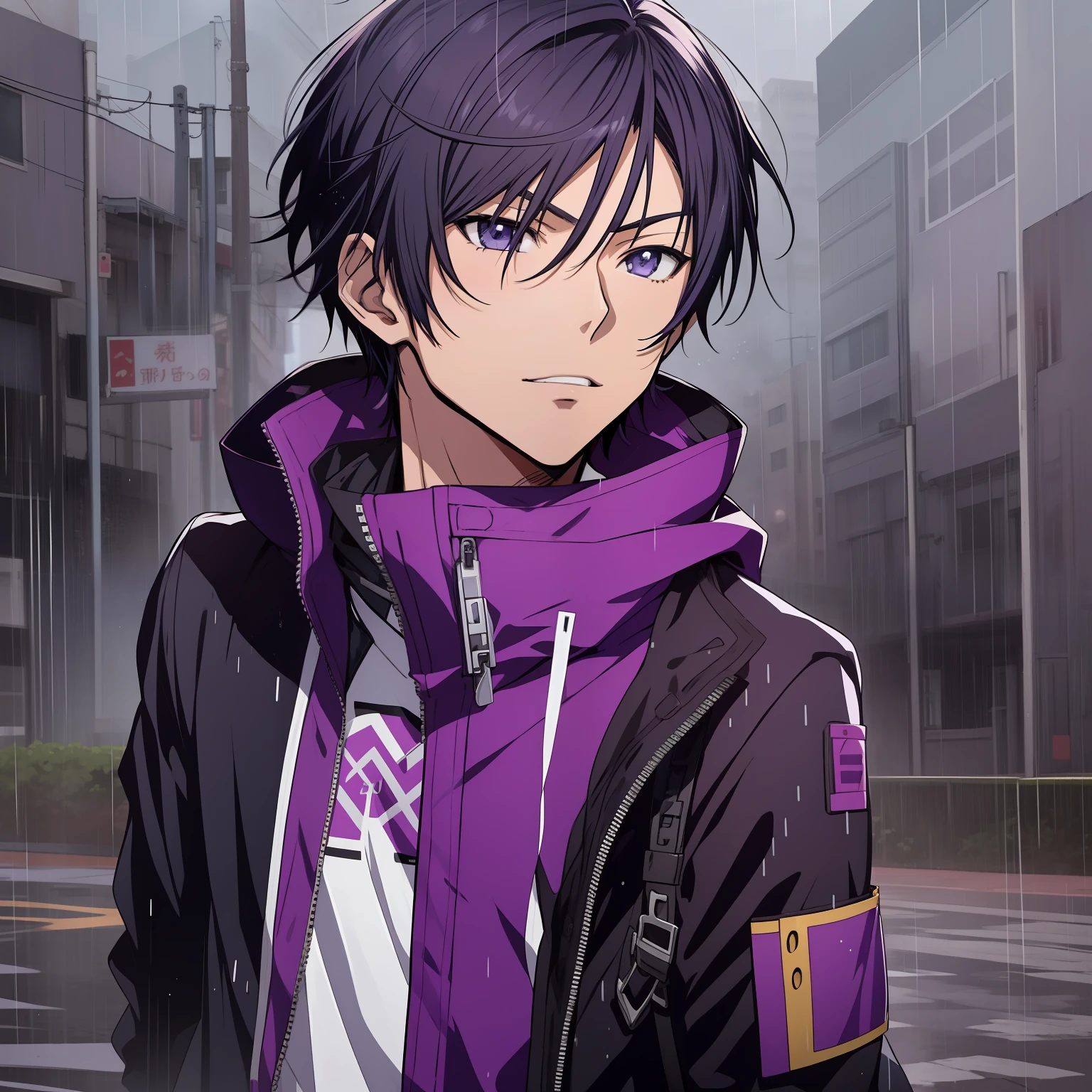 Anime boy in purple jacket and black jacket standing in the rain, ****** anime, jovem homem de anime, arte chave do anime, personagem de anime masculino, arte anime de alta qualidade, Jovem em um capuz roxo, estilo anime masculino, estilo anime 4K, homem bonito anime, arte de anime realista, personagem estilo anime, Okata Kazuto., shigenori soejima illustration