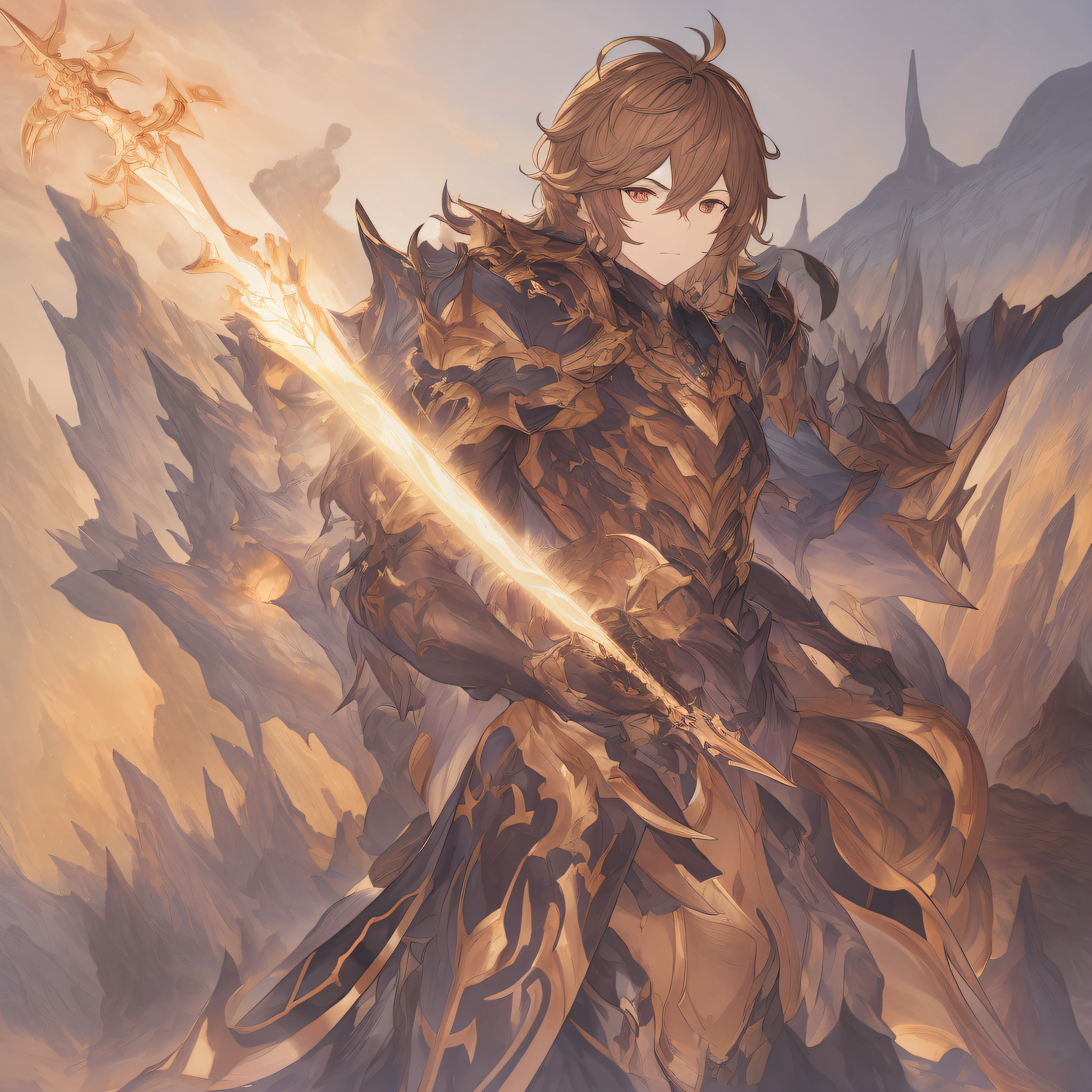 title: Sandalphon's imposing presence (granblue fantasia)

description: In this illustration, quero retratar Sandalphon, The powerful male paladin 1st class of GranBlue Fantasia. He is an anime character with long, brown hair, olhos avermelhados penetrantes e veste um conjunto impressionante de armadura completa, toda na cor preta.

A cena se passa em um ambiente de alta fantasia, with an active volcano emitting flames and smoke in the background. Towering Rocky Mountains complete the scenery, highlighting Sandalphon's strength and courage.

Com foco total no protagonista masculino, a imagem deve mostrar Sandalphon preenchendo o quadro, em uma pose de destaque e poder. He's a grown warrior, with strong masculine features and a determined facial expression.

Para o estilo da arte, inspire-se nas obras de Casimiro Arte, with attention to detail and movement dynamics. Sandalphon deve empunhar uma espada grande, representando sua habilidade como paladino. The sword must be drawn with precision, destacando seu tamanho e detalhes intrincados.

The background of the illustration is a white background, which highlights the figure of sandalwood and emphasizes its dominant presence.

importante: It's critical to keep the design and character elements true to the official depiction of Sandalphon in Granblue Fantasy, ensure that the illustration is recognizable as it is.