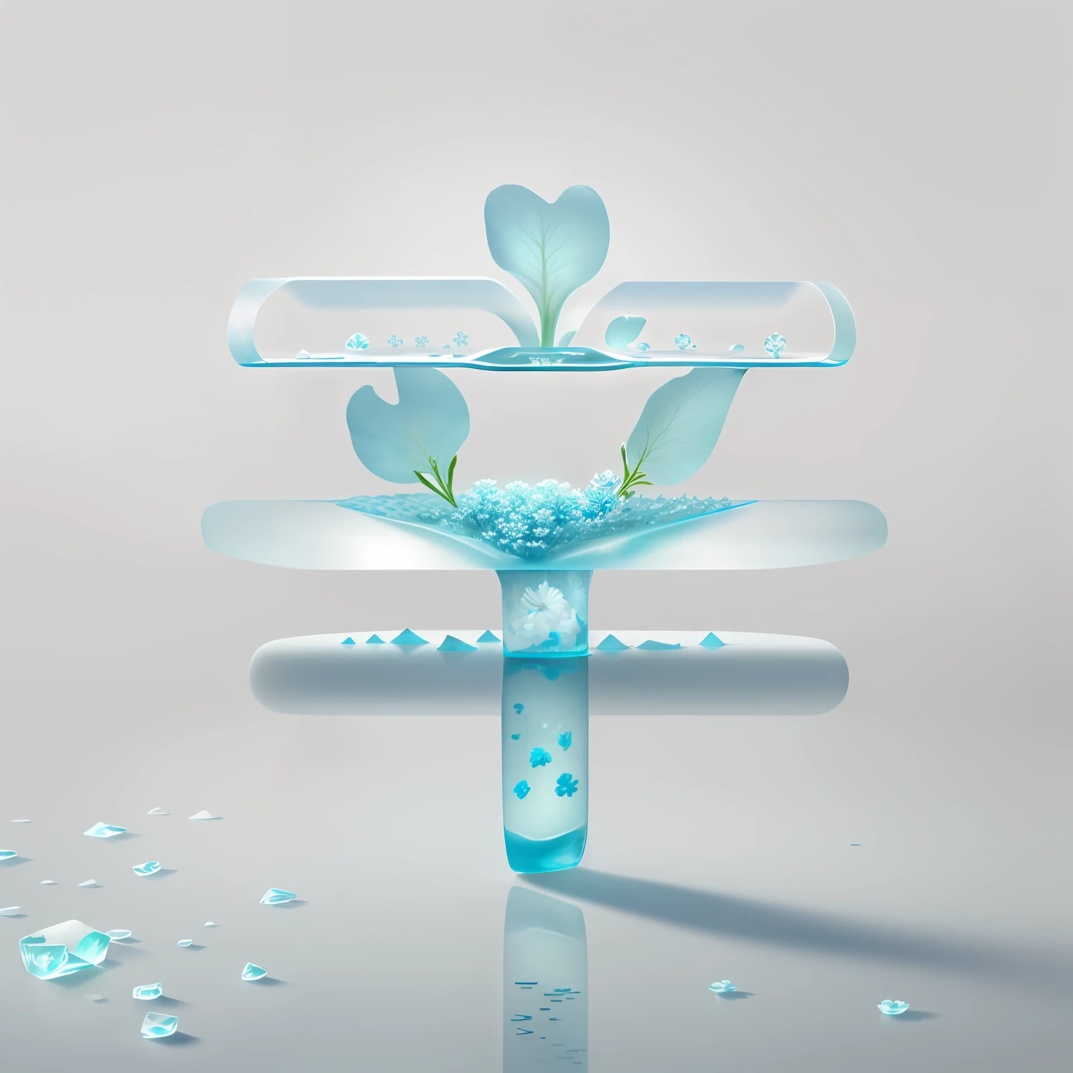 ad for food with flowers on top of ice,in the style of ethereal minimalism,dusseldorf school of photography,translucent water,
eco-friendly craftsmanship,light azure, minimal retouching,kintsugi，white white background,