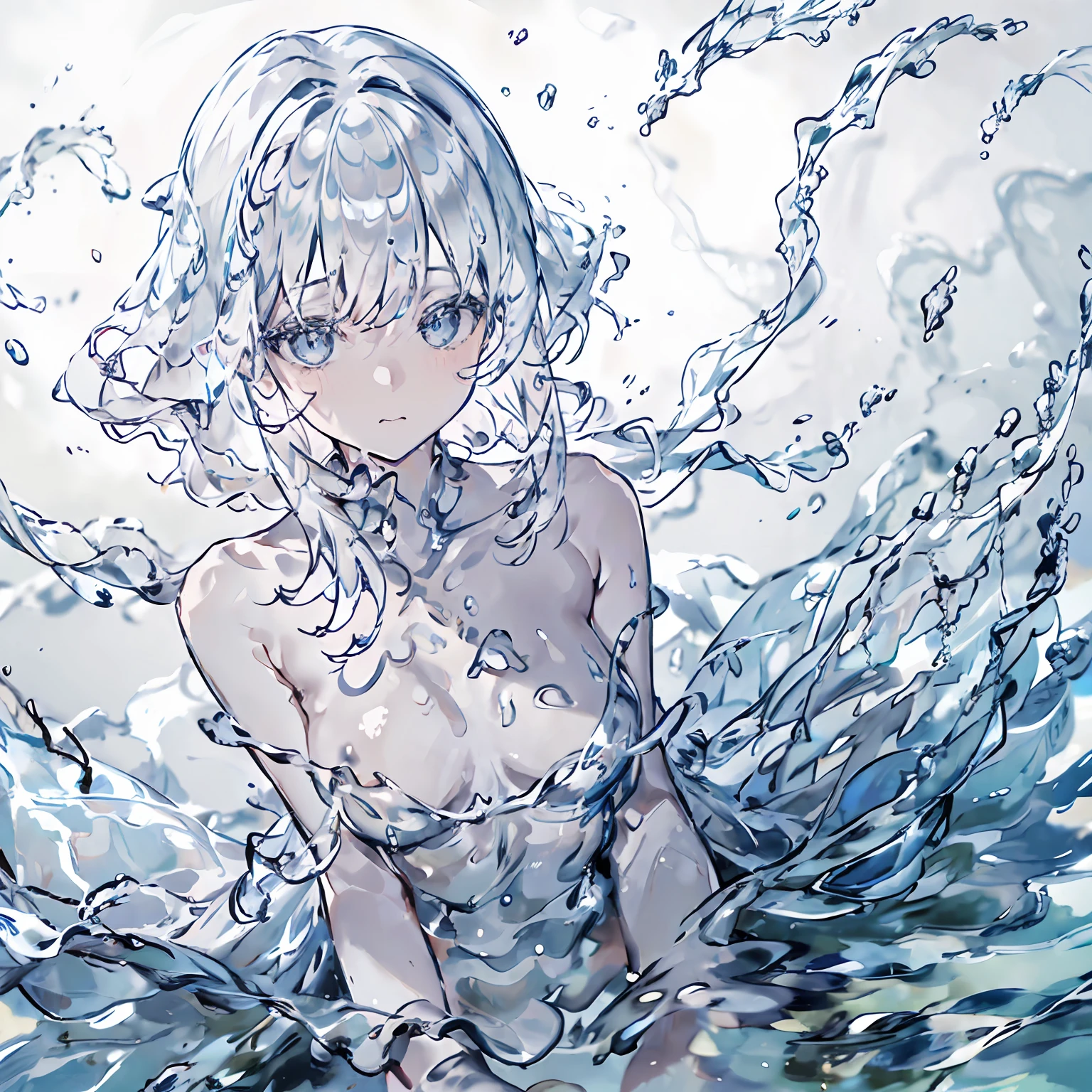 a translucent girl made of water,moon,(Background), masterpiece, best quality,Illustration, Wallpaper, ultra detail, absurdres, 1girl, solo, (liquid hair:1.2), beautiful detailed eyes,
bangs, cowboy shot, long hair, magical girl, white hair, waves, water, water drop, looking to the side,
street,