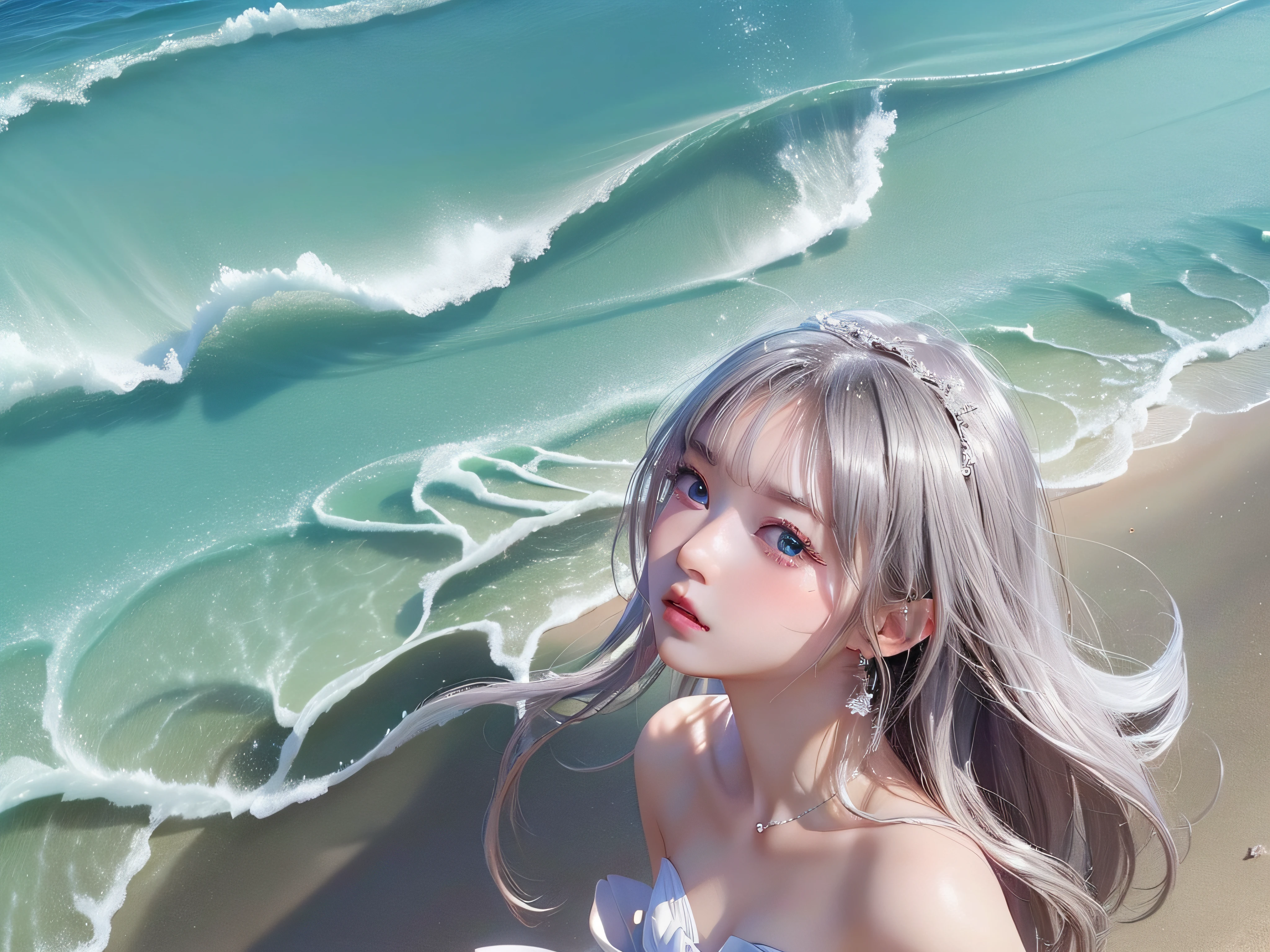 (Surreal)、(hight resolution)、(8K)、 (ighly detailed)、(Ultra clear skin pores)、(top-quality、masterpiece:1.3)、Beautiful girl in a white dress、full body Esbian、Smaller chest、Small butt、Stroll along the beach、夏天、It's very hot、perspiring、