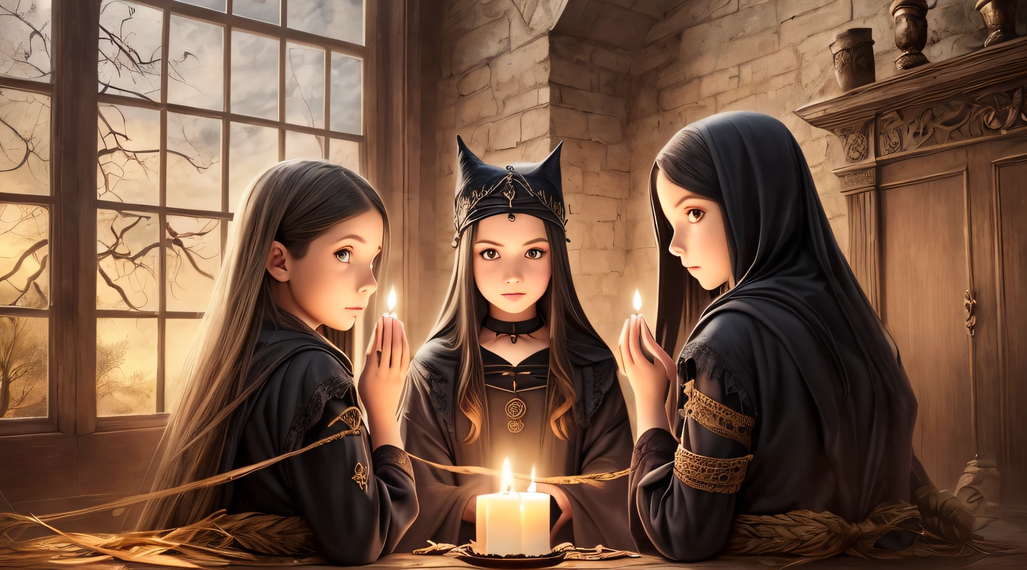 Three girls in Gothic costumes are holding candles and praying, black magic spells, scary horrifying satanic rituals, spell casting, spell casting wizard, Wicca, Bruxas, com poderes de magia negra, !5 three eyed goddesses, em vestes roxas escuras, 3 sisters look into the mirror, Kramskoi 4 mil, holy flame spell, Wiccano, little girl with magical powers