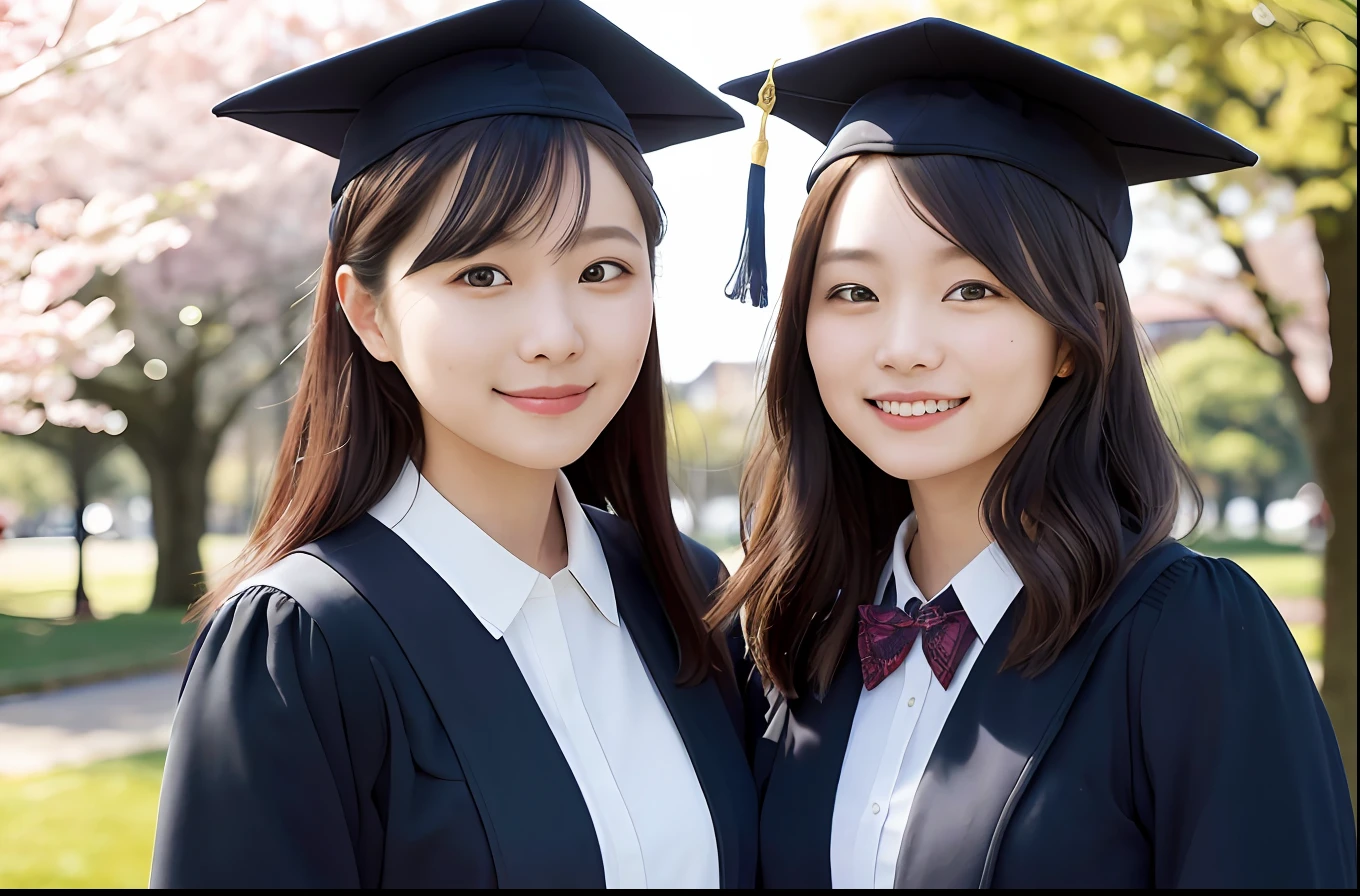 academic gown, academic robe, mortarboard, mortar cap, university graduation ceremony, university campus, buildings, (cherry blossoms:0.6), smiling, 2girls, detailed uniform, look at viewer, (SIGMA 85mm f1.4), depth of field, bokeh, detailed photorealistic background, diffused natural sunlight, diffused natural skin glow, photo realistic, photo