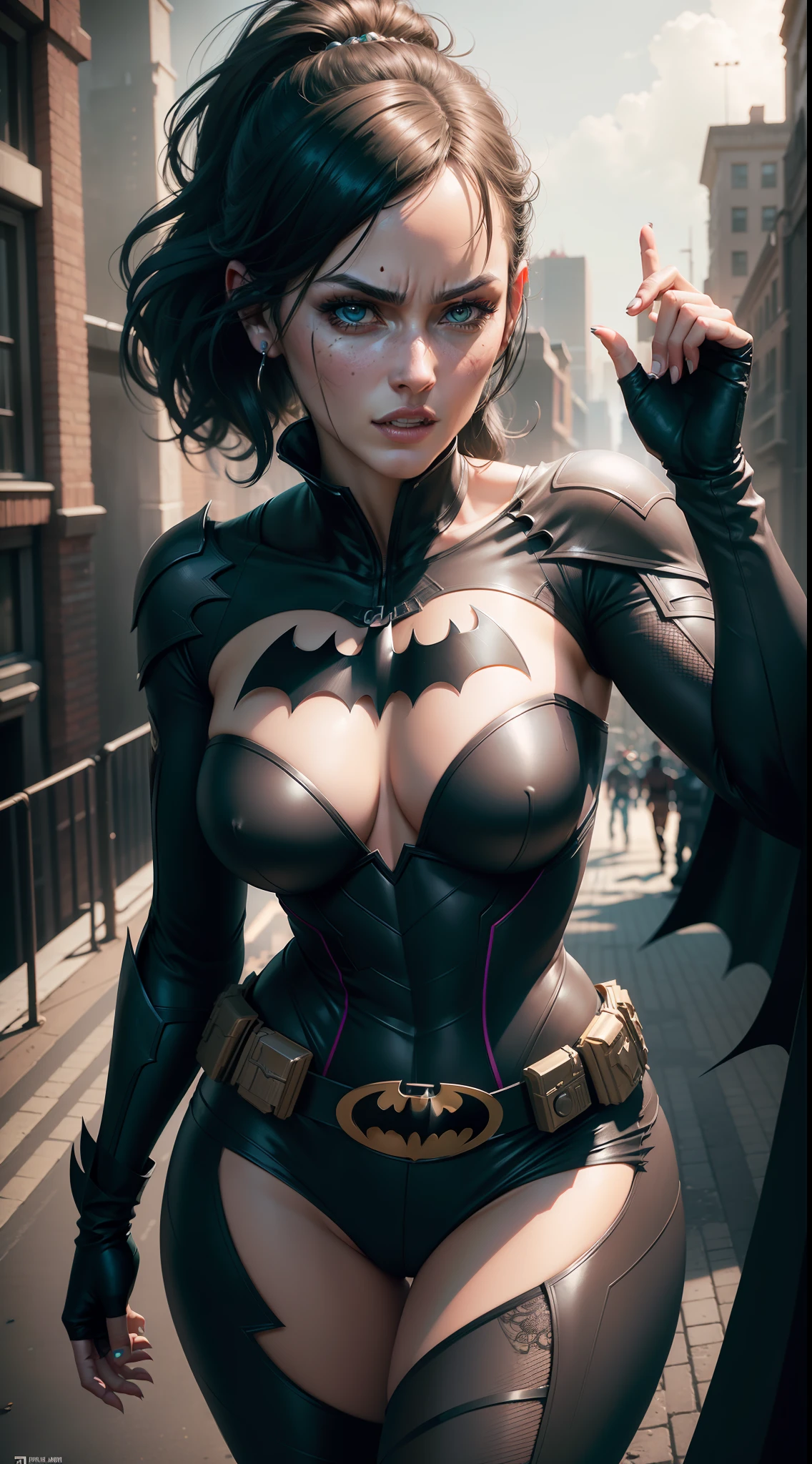 Woman batman character, complex mix, Realistic, Photorealistic, (masterpiece:1,5), urban background, concept art, intricate detail, high detail, photo realistic, octane render, 8k, dynamic poses, top quality, (face realistic : 1.1), (hyperrealistic:1.1), ((full_body 1:1)), (highly detailed background), not out of frame,