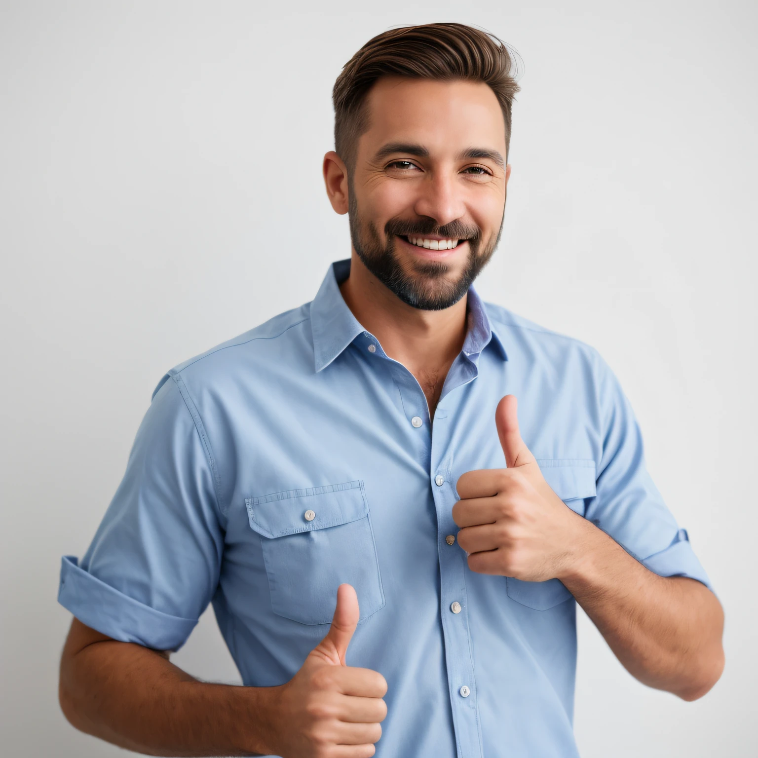 "A full-length photo of a smiling electrician in his 30s, Llevar una camisa de trabajo de cuello azul con las mangas arremangadas, Pantalones de trabajo y botas resistentes. He has short brown hair and a rastunic beard. You are showing a friendly thumbs up with a perfect hand .You are standing in front of a white background. The image is very bright and very detailed. 8K HD Photography."