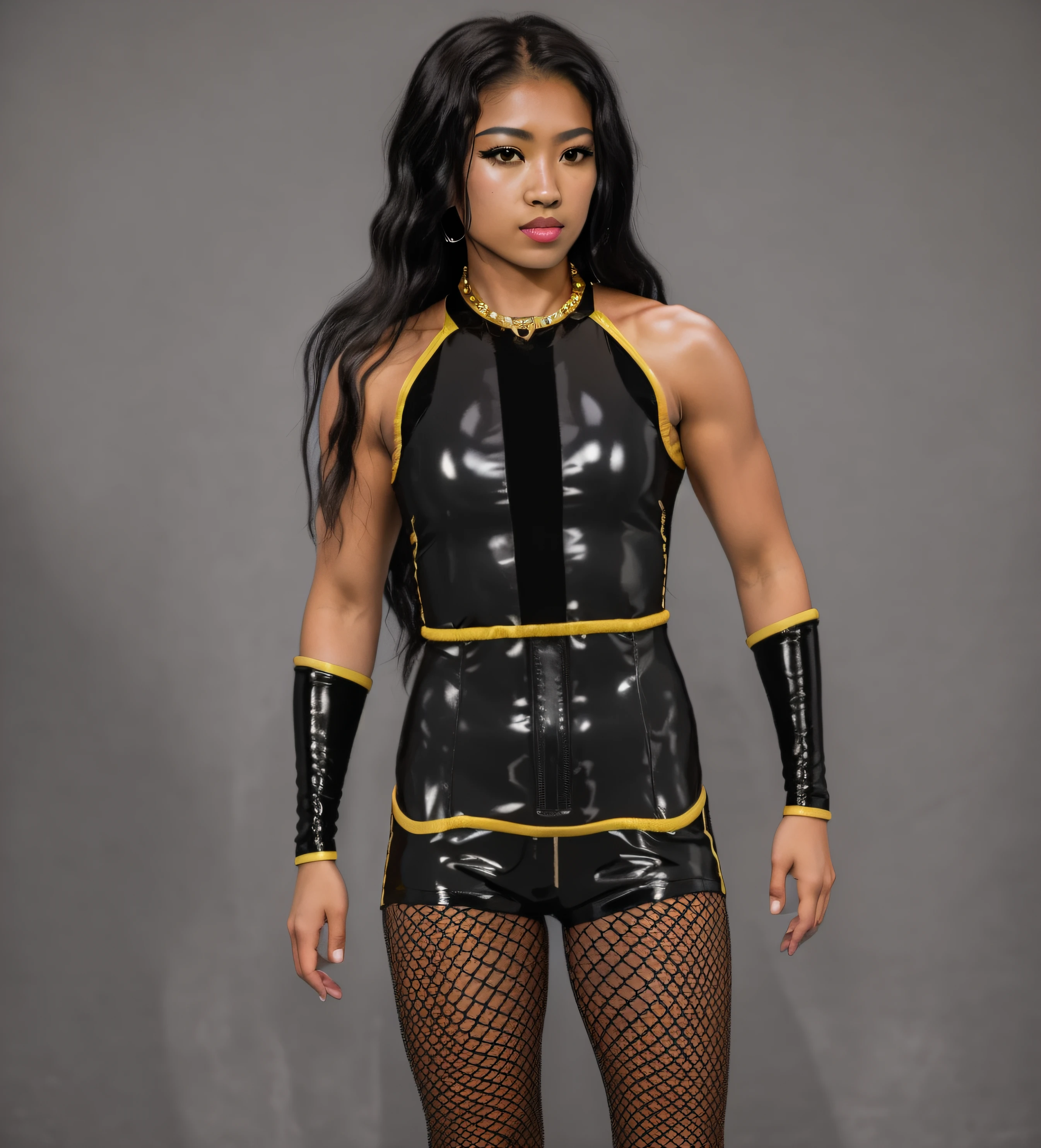 (masterpiece, best quality)), Dark-haired Blasian female wrestler in black and yellow vinyl catsuit with silver studs, black and yellow vinyl bracers, black fishnet stockings, photo realistic, intricate details