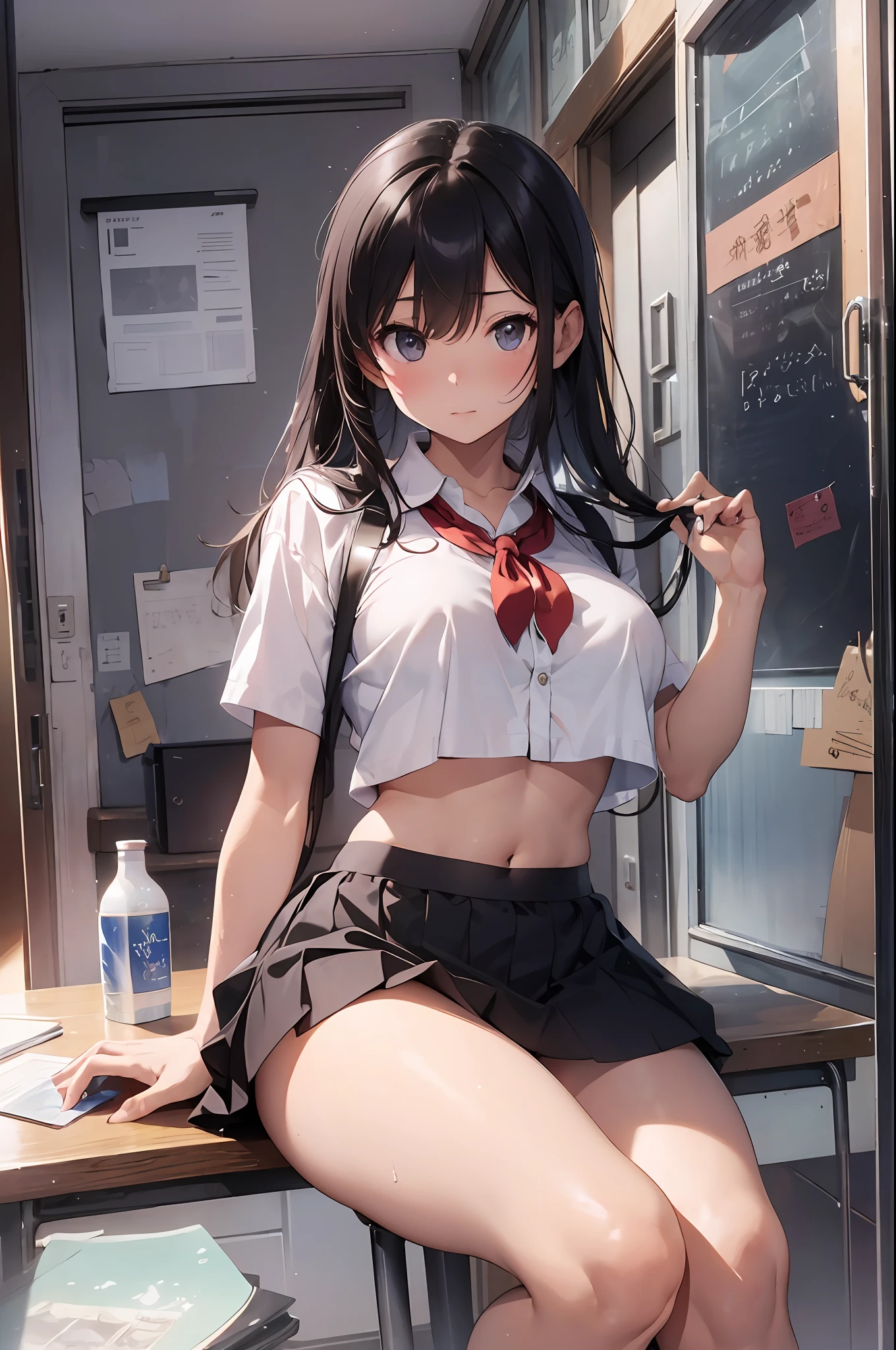 ((Best Quality)), ((Masterpiece)), (Details: 1.4),Anatomical, Award-winning concept art, Beautiful, Fine detail, 1 girl, Solo, Full body painting, Head to knee, Undergarment, Panties, Skirt, White panties, Wet, Shirt, Wet clothes, Skirt lift, Blush, Black hair, Classroom, Navel, Clothes lift, Bow, Simple background, Lift yourself, White shirt, Uniform, Look away, short sleeves, clear nipple irregularities