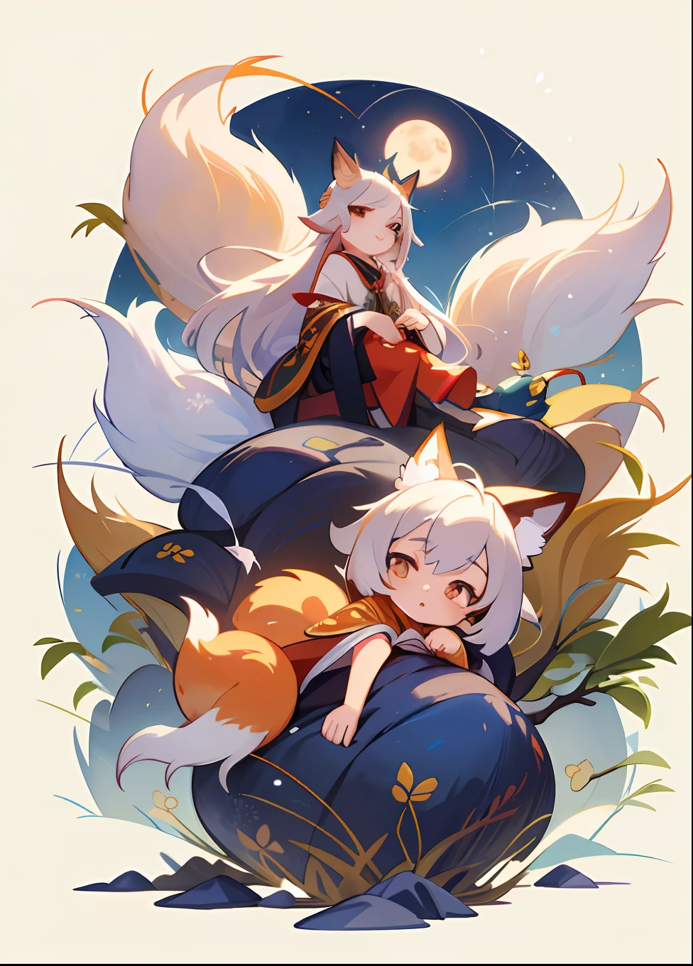 The background is a super large moon, a fox with white hair sitting on a branch under the stars, (Little Boy: 1.5), Ethereal Fox, Nine-Tailed Fox, Dreamy, Millennium Fox Demon, Onmyoji Detailed Art, Nine Tails, Beautiful Artwork Illustrations, Mythical Creatures, Foxes, Beautiful Digital Art Works,