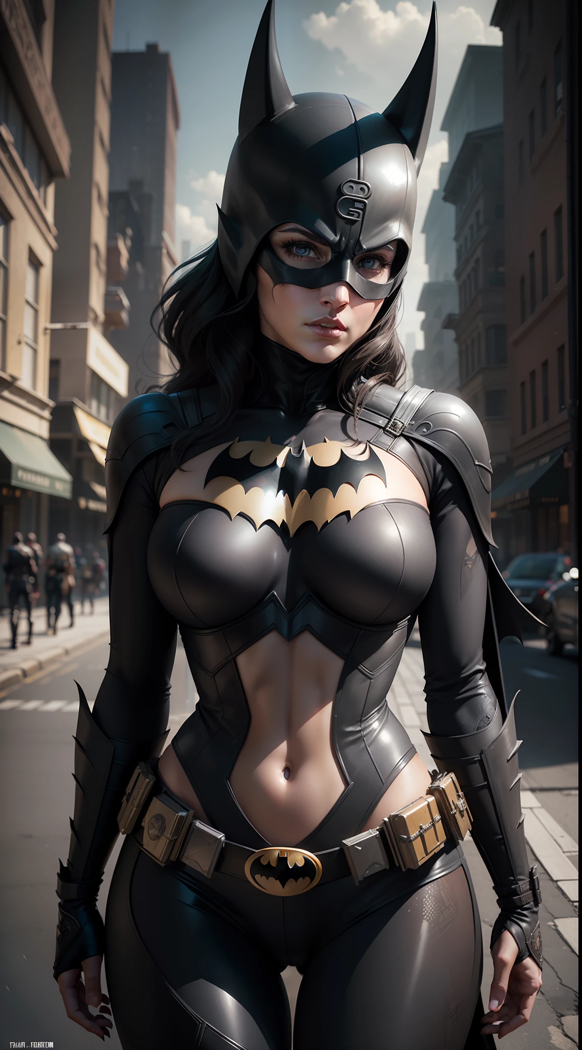 Woman batman character, complex mix, Realistic, Photorealistic, (masterpiece:1,5), urban background, concept art, intricate detail, high detail, photo realistic, octane render, 8k, dynamic poses, top quality, (face realistic : 1.1), (hyperrealistic:1.1), ((full_body 1:1)), (highly detailed background), not out of frame, pose real