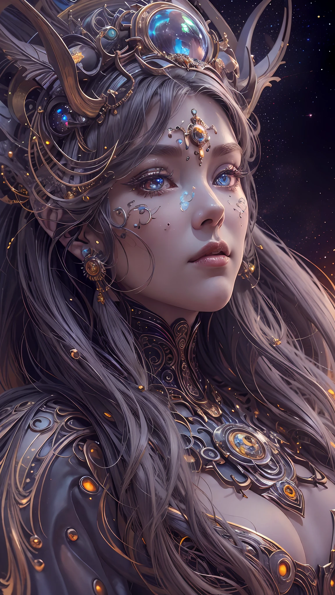 (best qualtiy,ultra - detailed,Most Best Illustration,Best shadow,tmasterpiece,A high resolution,professionalartwork,famousartwork),Detailed eyes,beautidful eyes,closeup cleavage,sci-fy,colored sclera,Robot eyes,face markings,Tattooed with,(fractalized,Fractal eyes),largeeyes,Wide eyes,(Eye focus),sface focus,Cosmic eyes,Space eyes,Close-up of metal sculpture of a woman with a moon in her hair,goddes。extremly high detail,3 d goddess portrait,Extremely detailed footage of the goddess,a stunning portrait of a goddess,Side image of the goddess,portrait of a beautiful goddess,Full body close-up portrait of the goddess,hecate goddess,portrait of a norse moon goddess,goddess of space and time