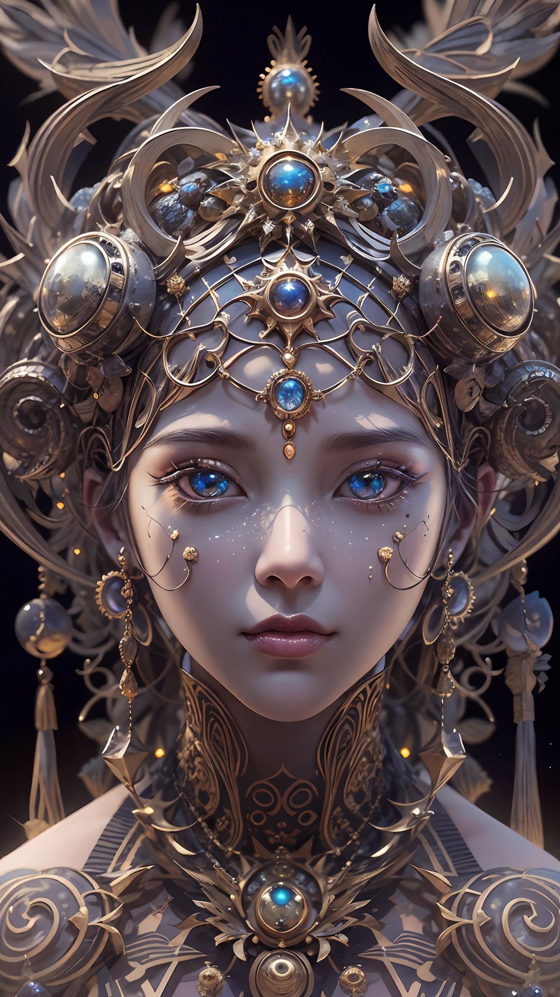 （best qualtiy，ultra - detailed，Most Best Illustration，Best shadow，tmasterpiece，A high resolution，professionalartwork，famousartwork），Detailed eyes，beautidful eyes，closeup cleavage，sci-fy，colored sclera，Robot eyes，face markings，Tattooed with，（fractalized，Fractal eyes），largeeyes，Wide eyes，（Eye focus），sface focus，Cosmic eyes，Space eyes，Close-up of metal sculpture of a woman with a moon in her hair，goddes。extremly high detail，3 d goddess portrait，Extremely detailed footage of the goddess，a stunning portrait of a goddess，Side image of the goddess，portrait of a beautiful goddess，Full body close-up portrait of the goddess，hecate goddess，portrait of a norse moon goddess，goddess of space and time