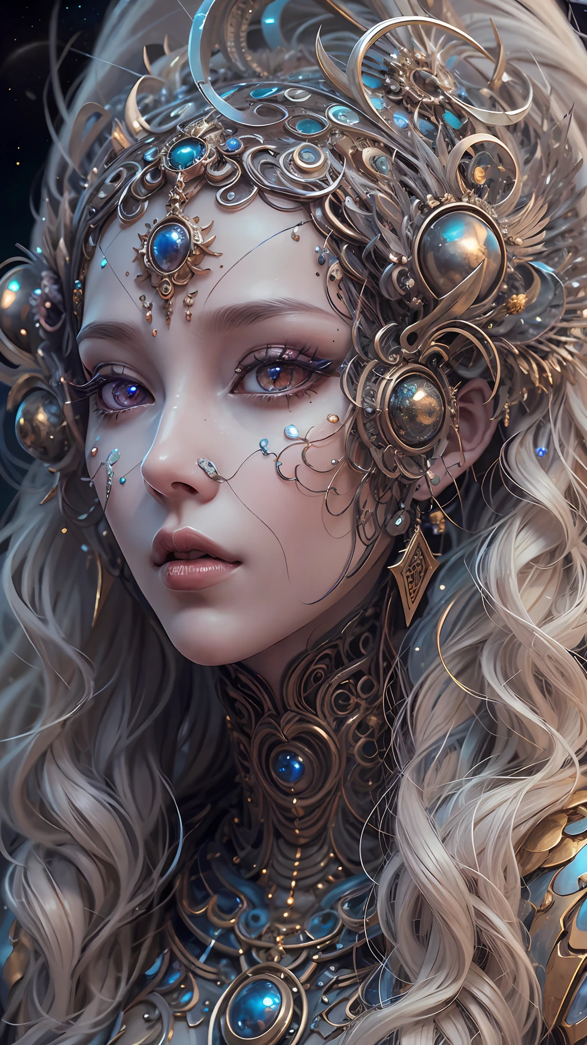 （best qualtiy，ultra - detailed，Most Best Illustration，Best shadow，tmasterpiece，A high resolution，professionalartwork，famousartwork），Detailed eyes，beautidful eyes，closeup cleavage，sci-fy，colored sclera，Robot eyes，face markings，Tattooed with，（fractalized，Fractal eyes），largeeyes，Wide eyes，（Eye focus），sface focus，Cosmic eyes，Space eyes，Close-up of metal sculpture of a woman with a moon in her hair，goddes。extremly high detail，3 d goddess portrait，Extremely detailed footage of the goddess，a stunning portrait of a goddess，Side image of the goddess，portrait of a beautiful goddess，Full body close-up portrait of the goddess，hecate goddess，portrait of a norse moon goddess，goddess of space and time