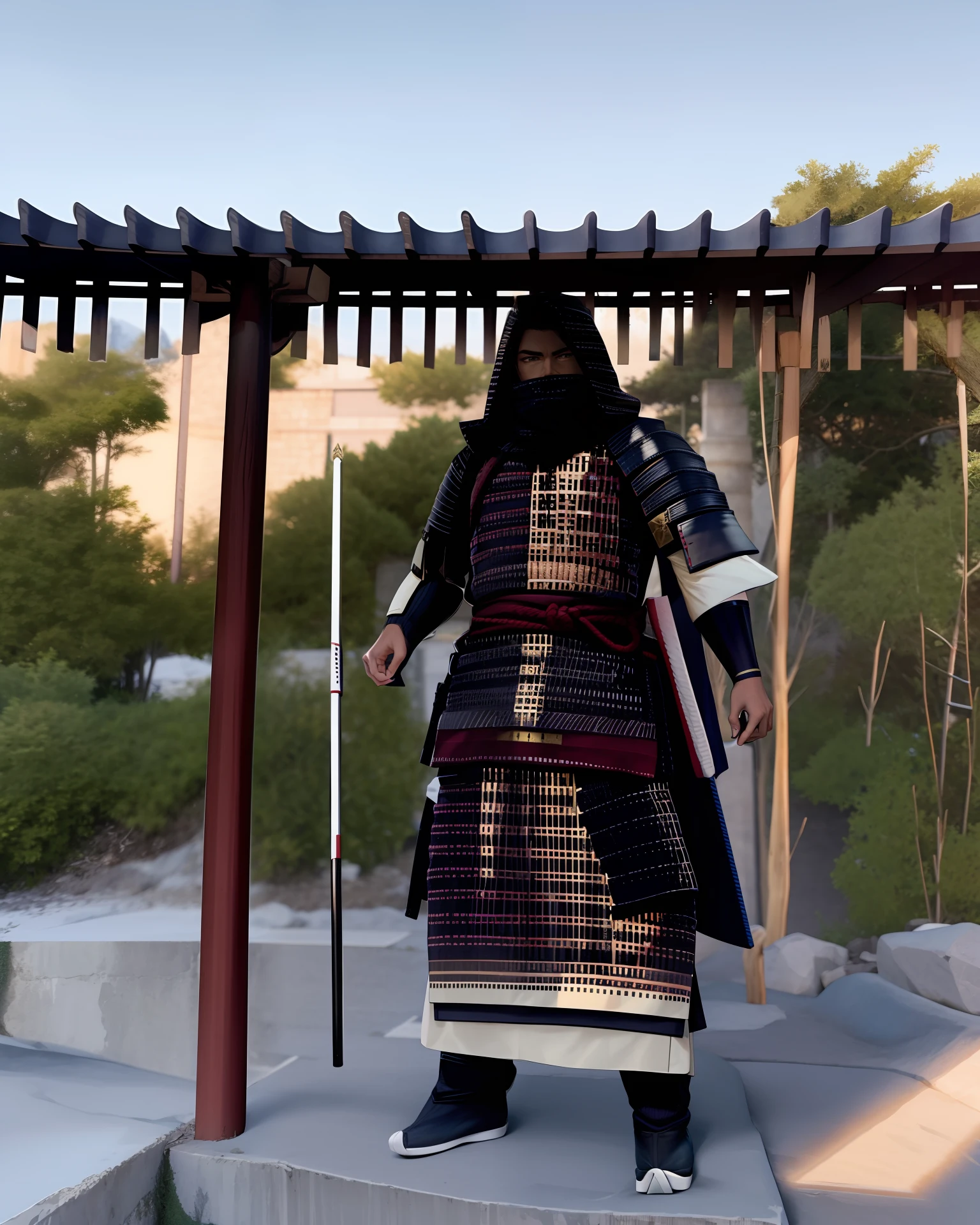 Um samurai com seu templo no fundo