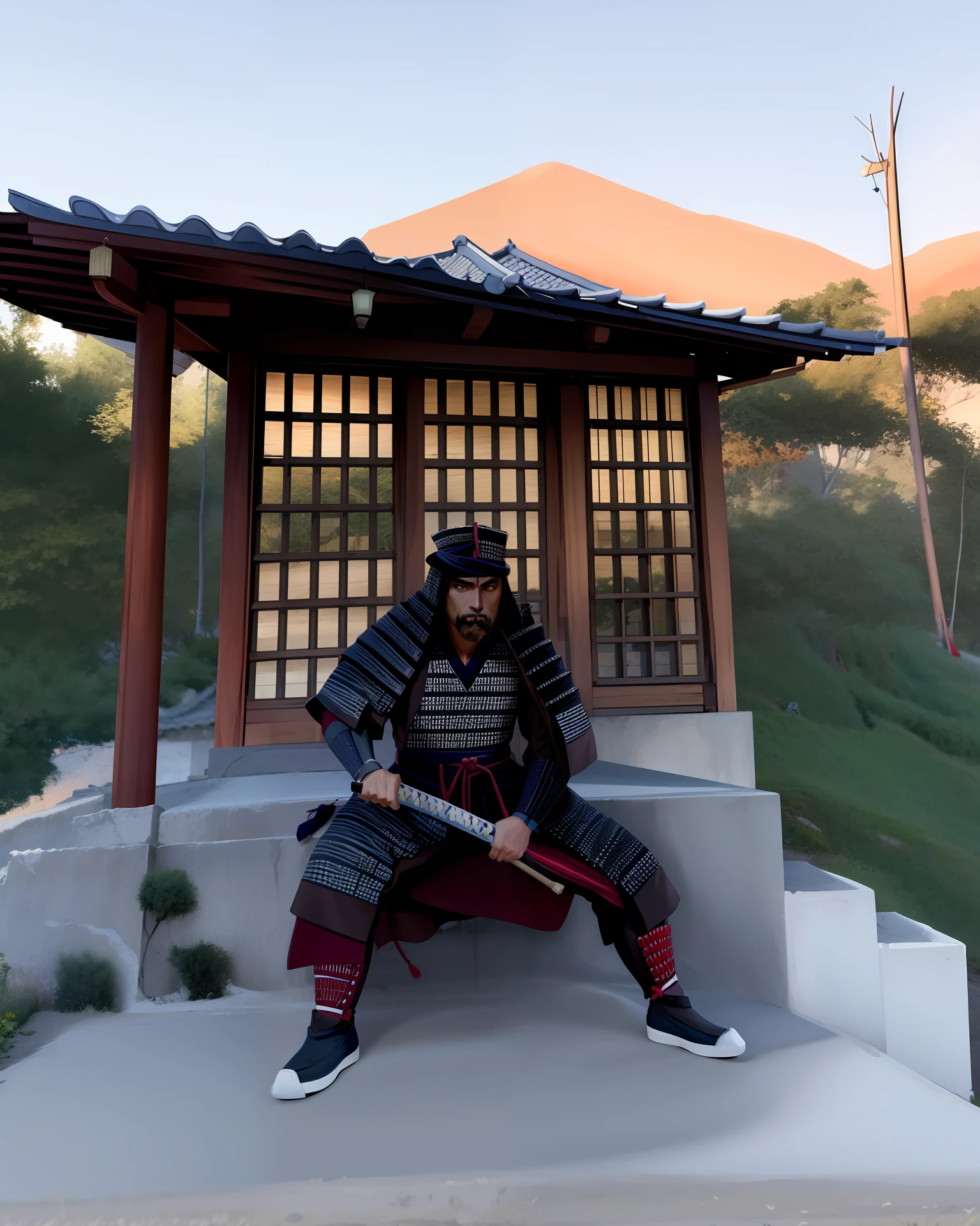 Um samurai com seu templo no fundo