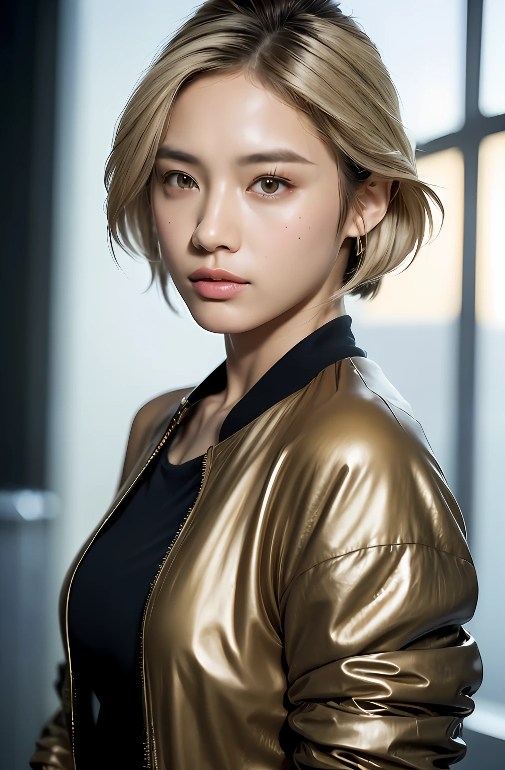 (photorealistic:1.8), close up portrait of a woman, Ash blonde hair, A-line haircut, Bomber Jacket, extremely detailed clothes, as a fashion model, on the city street, random people, model shot as for Instagram post