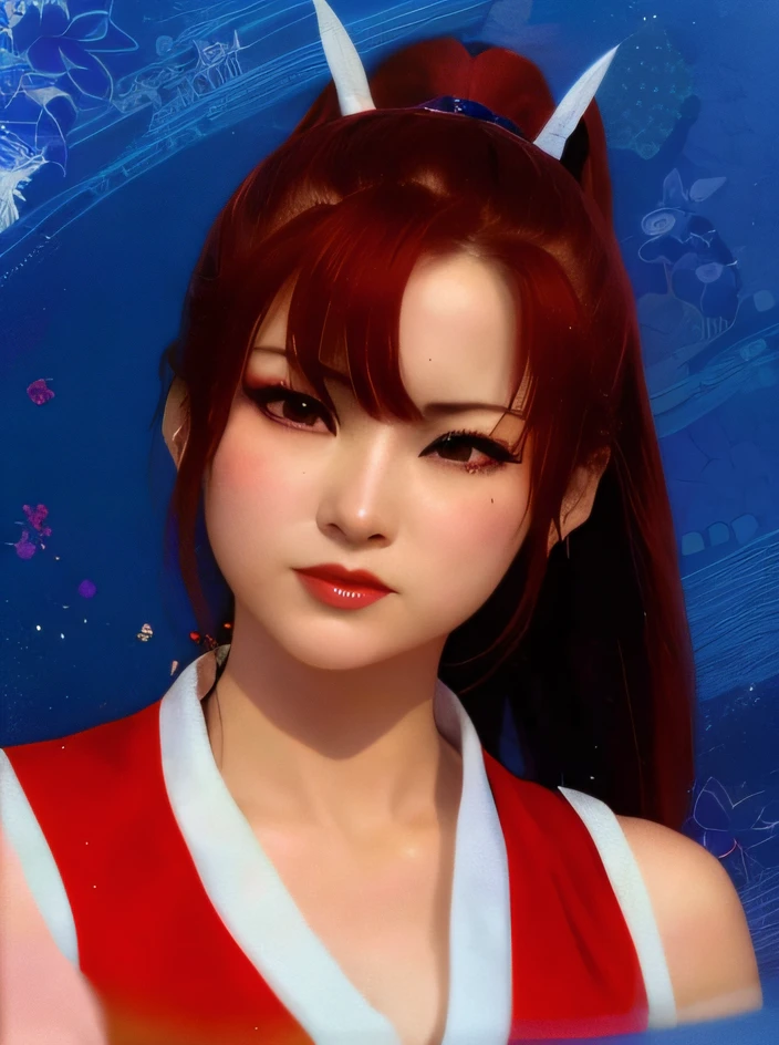 Mai Shiranui, foto realista, 4k, ultra detalhado, rosto japones, olhos bonitos, expression serious, fine and delicate strokes, expression serious, boca fechada, expressção brava, olhando pro lado
