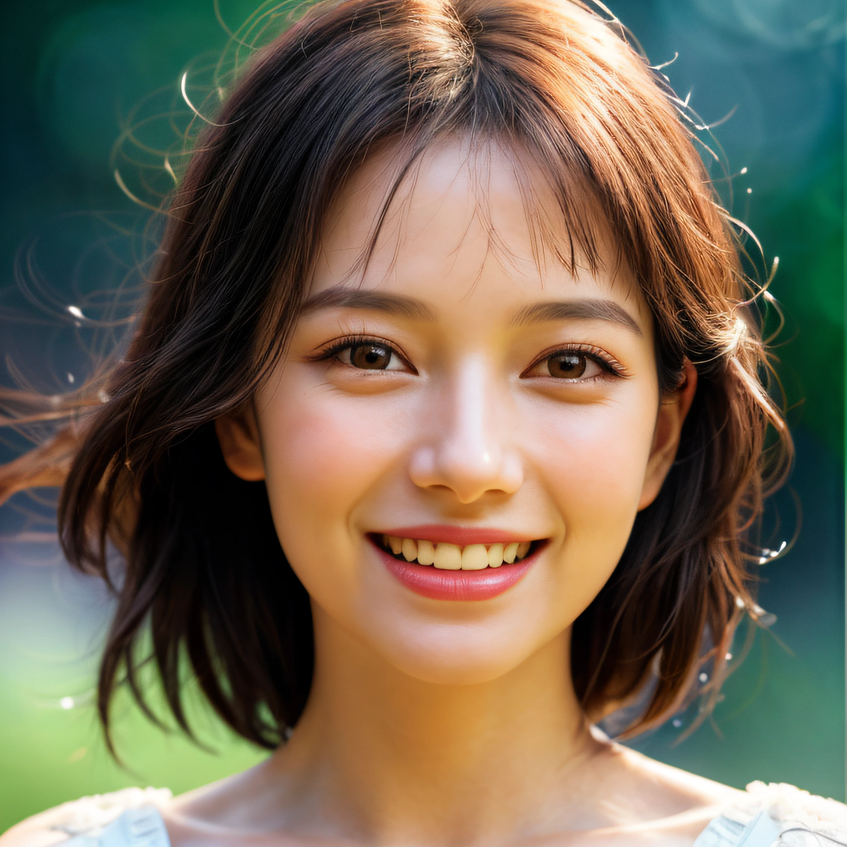 Close-up of faces,1 women,happy laugh,Delicate face,Smooth skin,Elaborate Eyes, ( bokeh, Out of Focus, Soft Lighting, movie lighting, God Ray, UHD)