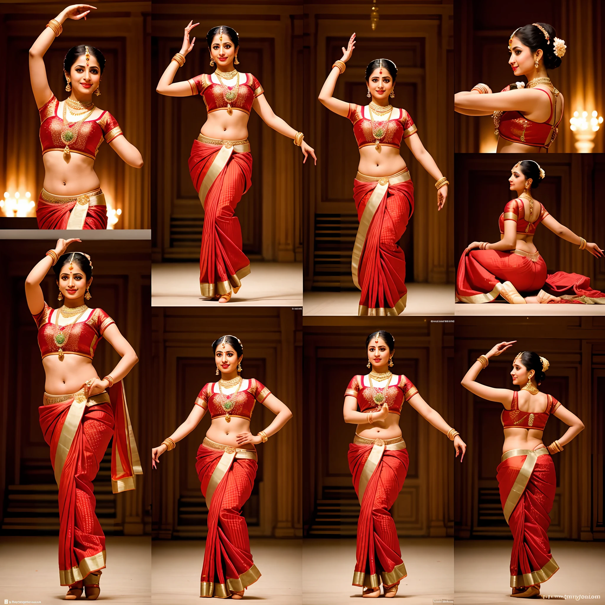 beautiful classical dancer, wearing Saree, dancing alone in a beautiful Hindu darbar hall,full dress,ornaments,Multiple views of the same character in the same outfit