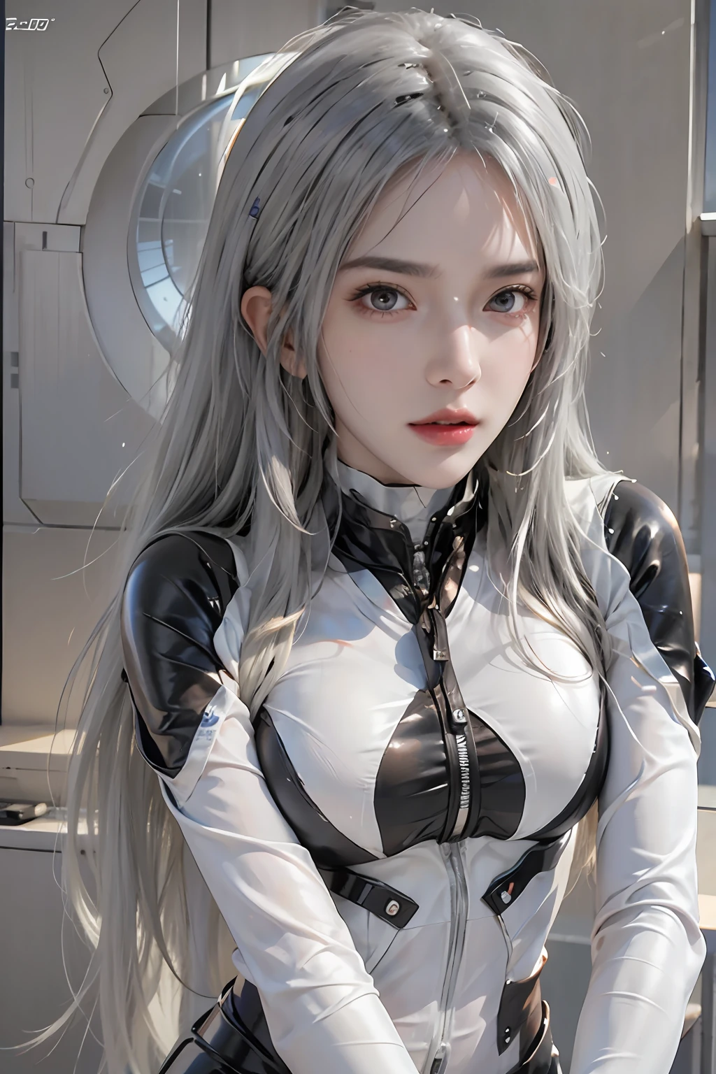 photorealistic, high resolution, 1women, solo, hips up, look at viewer, (detailed face), white hair, long hair, gantz, reika\(bodysuit\)